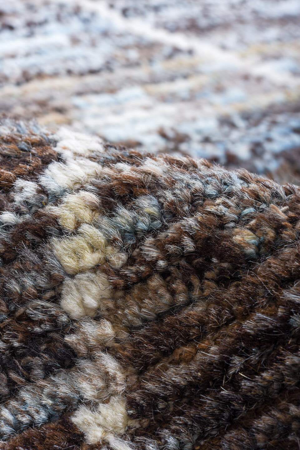 10' x 14' one-of-a-kind handmade vintage Tulu large size rug. Color palette: charcoal, brown, sky blue, ivory, slate, gray