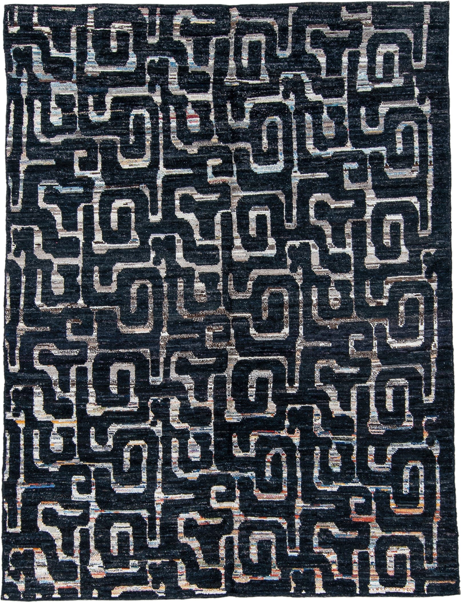 6' x 8' one-of-a-kind handmade vintage Tulu medium size rug. Color palette: charcoal, ivory, slate, taupe, rust, navy, gray