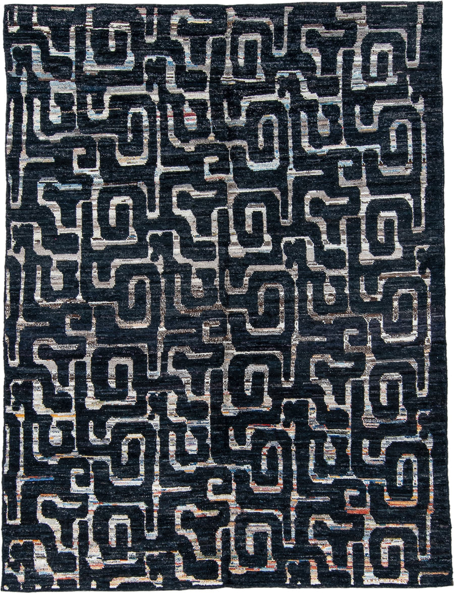 6' x 8' one-of-a-kind handmade vintage Tulu medium size rug. Color palette: charcoal, ivory, slate, taupe, rust, navy, gray