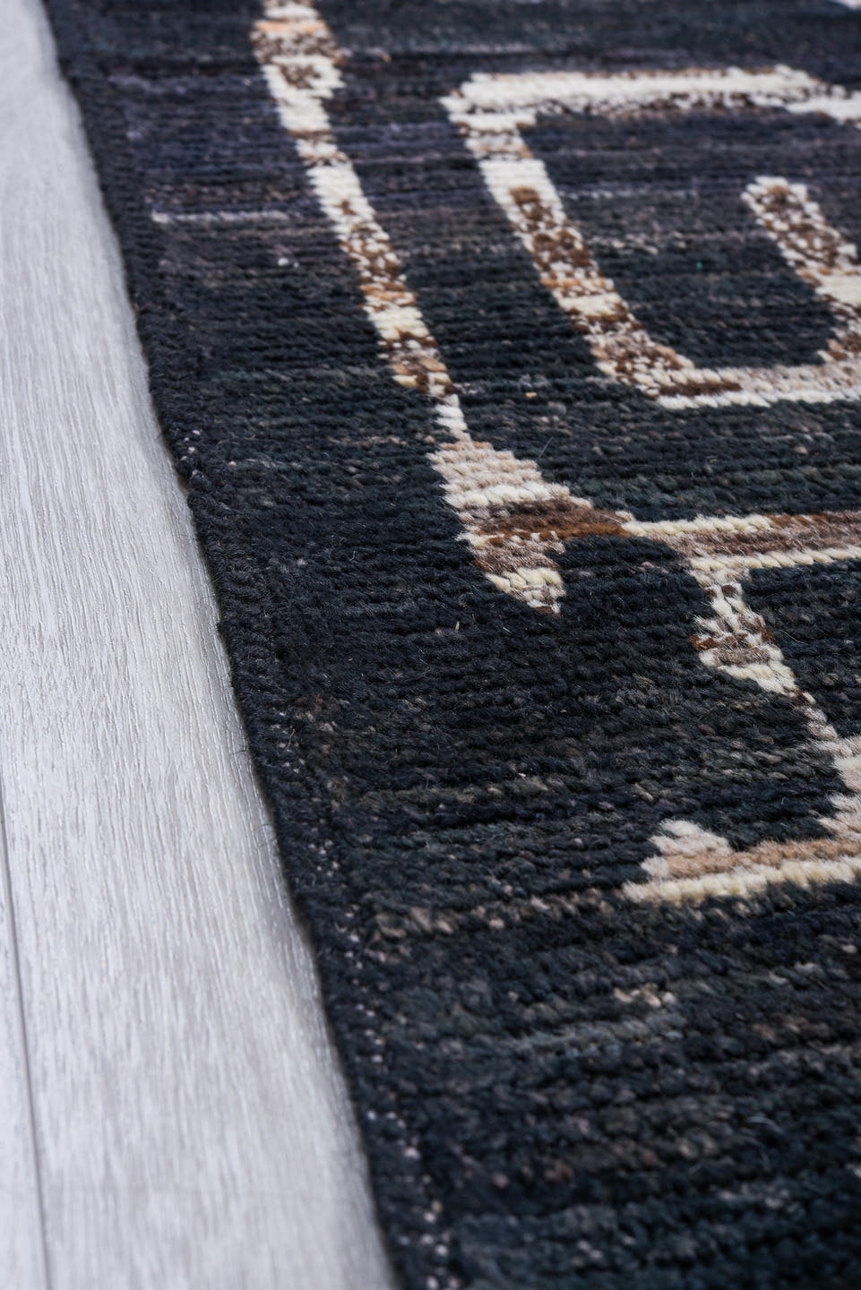 6' x 8' one-of-a-kind handmade vintage Tulu medium size rug. Color palette: charcoal, ivory, slate, taupe, rust, navy, gray
