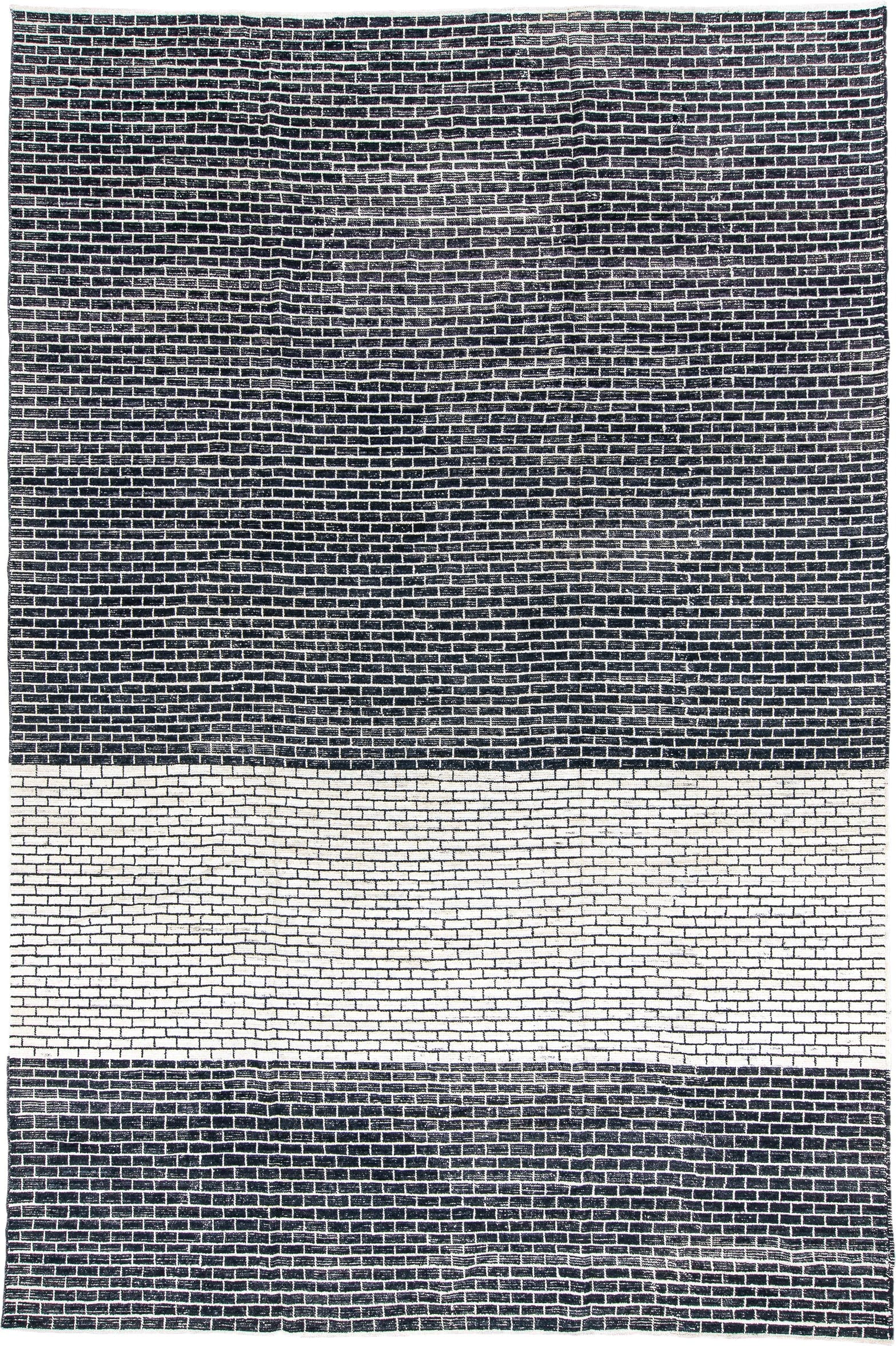 9' x 14' one-of-a-kind handmade vintage Tulu large size rug. Color palette: charcoal, ivory, gray, black
