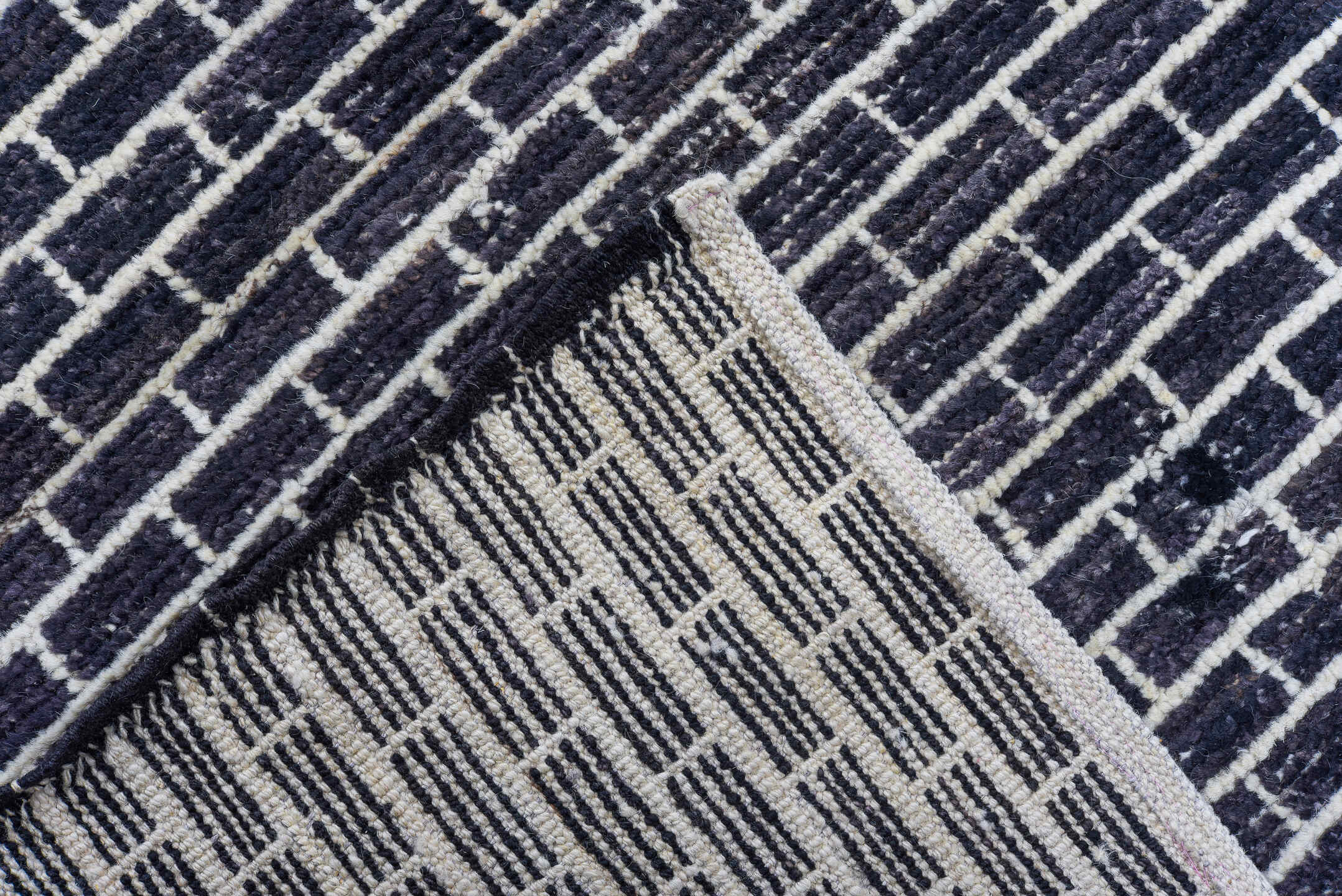 9' x 14' one-of-a-kind handmade vintage Tulu large size rug. Color palette: charcoal, ivory, gray, black