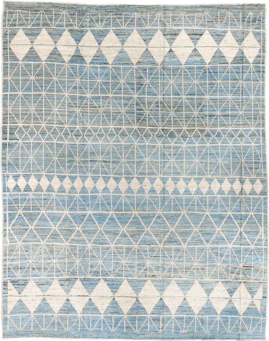 11' x 14' one-of-a-kind handmade vintage Tulu oversize rug. Color palette: sky blue, ivory, cream, pale blue, light blue