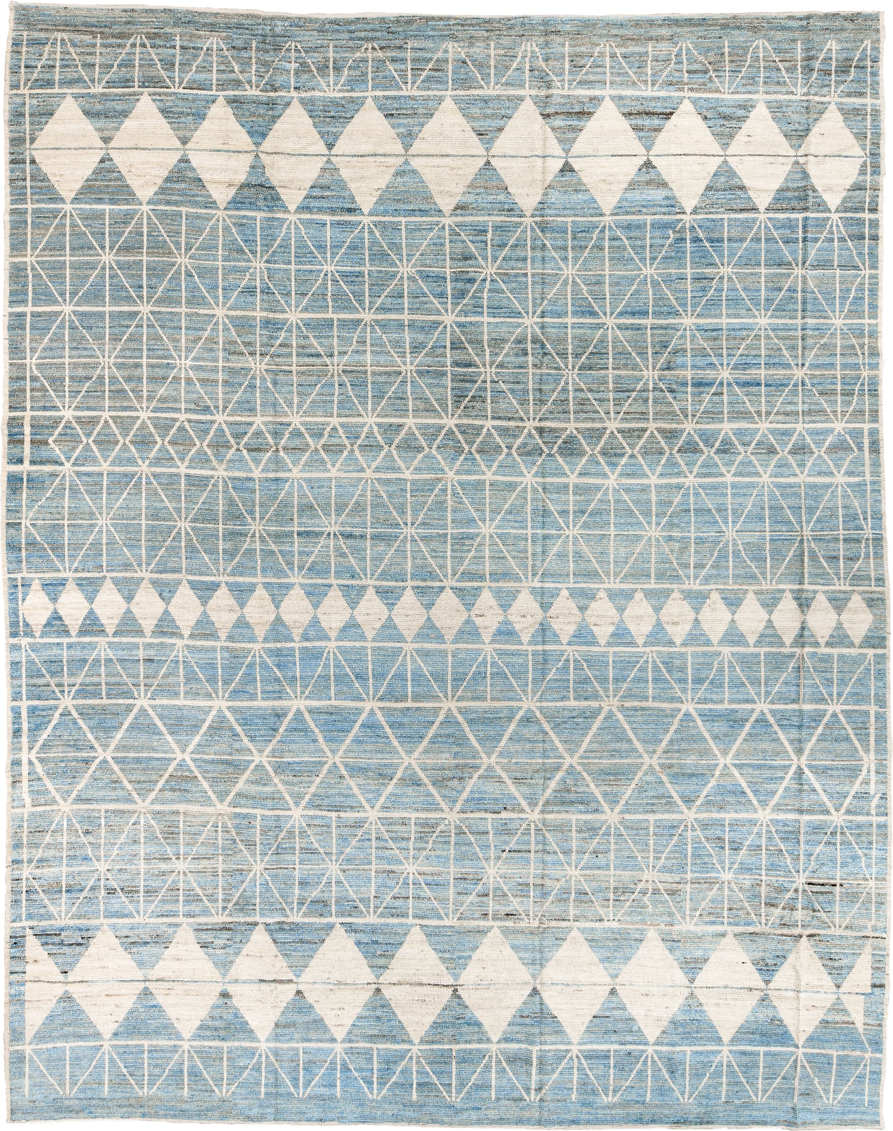 11' x 14' one-of-a-kind handmade vintage Tulu oversize rug. Color palette: sky blue, ivory, cream, pale blue, light blue