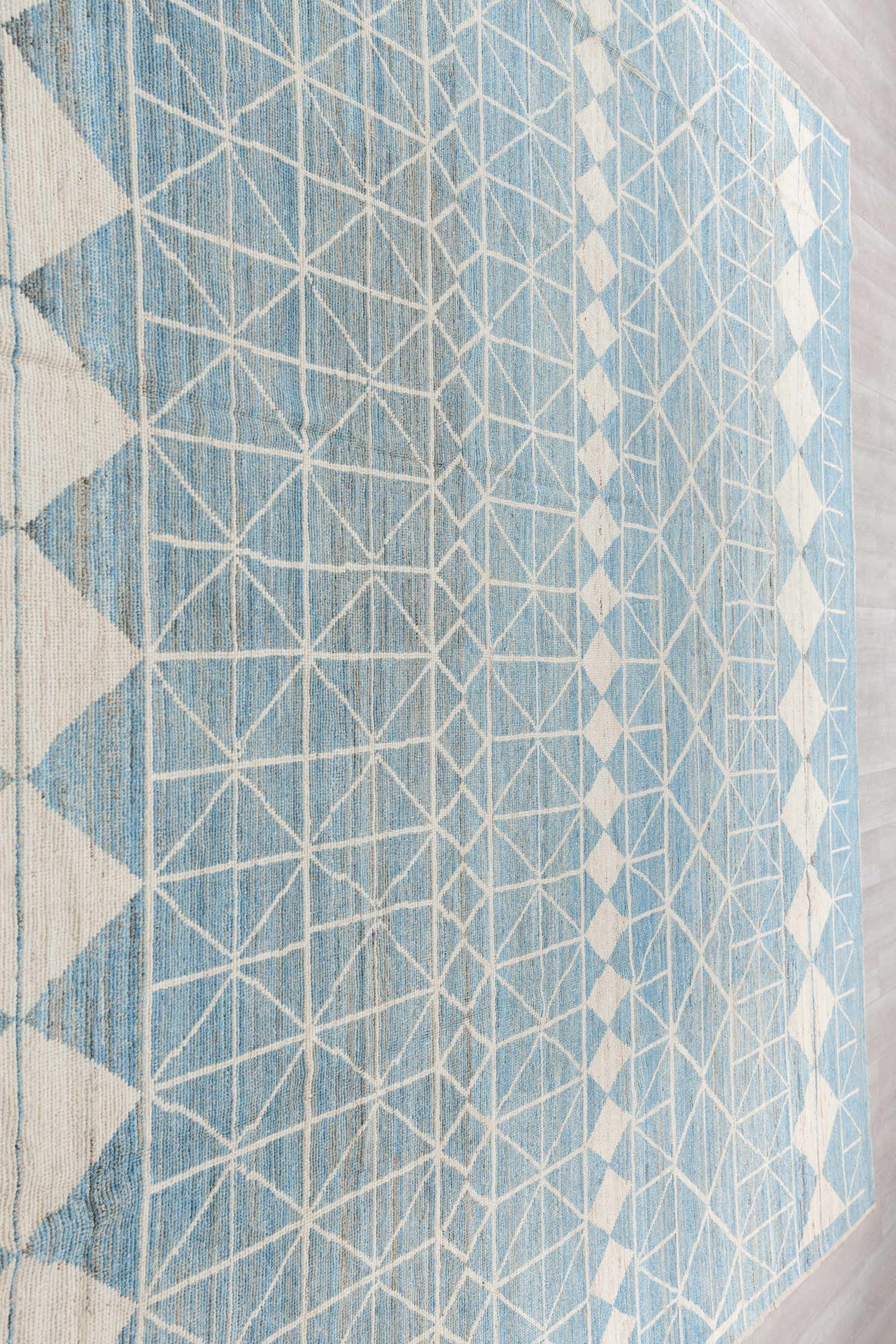 11' x 14' one-of-a-kind handmade vintage Tulu oversize rug. Color palette: sky blue, ivory, cream, pale blue, light blue