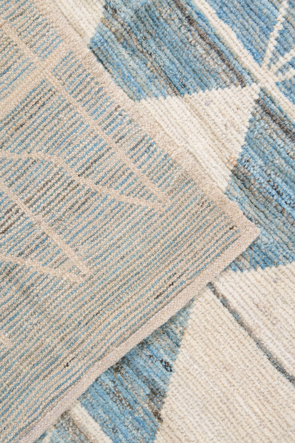 11' x 14' one-of-a-kind handmade vintage Tulu oversize rug. Color palette: sky blue, ivory, cream, pale blue, light blue