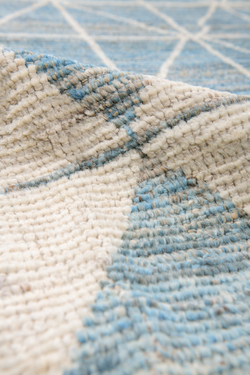 11' x 14' one-of-a-kind handmade vintage Tulu oversize rug. Color palette: sky blue, ivory, cream, pale blue, light blue
