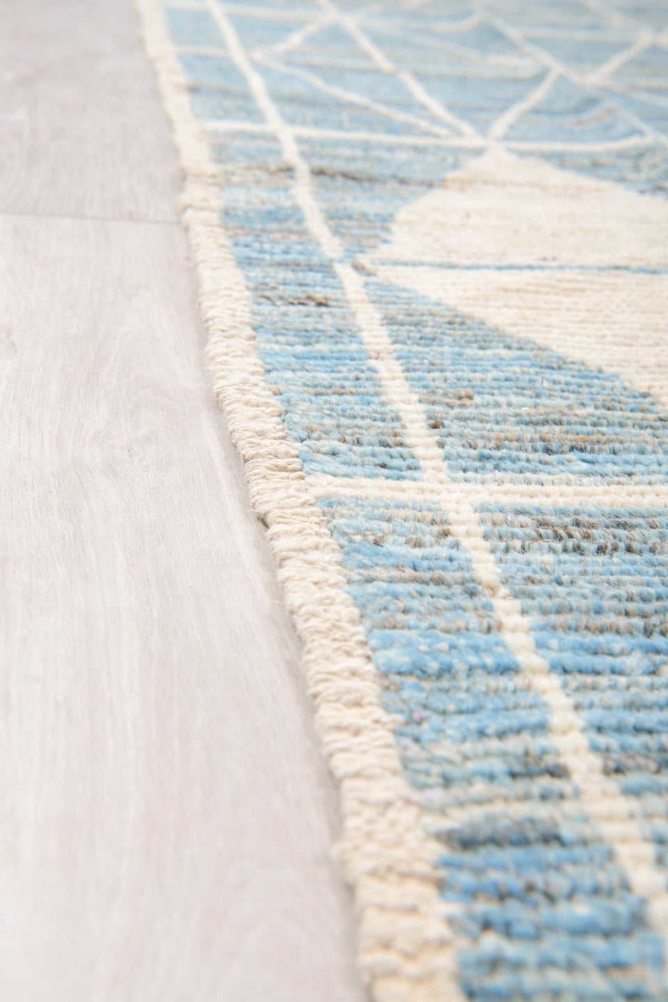 11' x 14' one-of-a-kind handmade vintage Tulu oversize rug. Color palette: sky blue, ivory, cream, pale blue, light blue