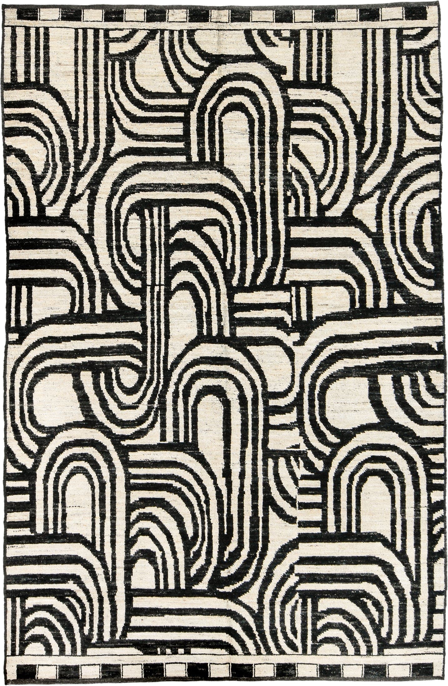6' x 9' one-of-a-kind handmade vintage Tulu medium size rug. Color palette: ivory, charcoal, gray, black