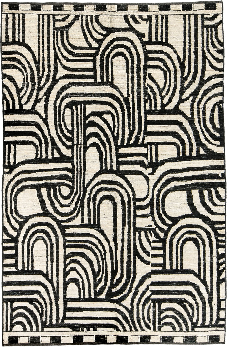 6' x 9' one-of-a-kind handmade vintage Tulu medium size rug. Color palette: ivory, charcoal, gray, black