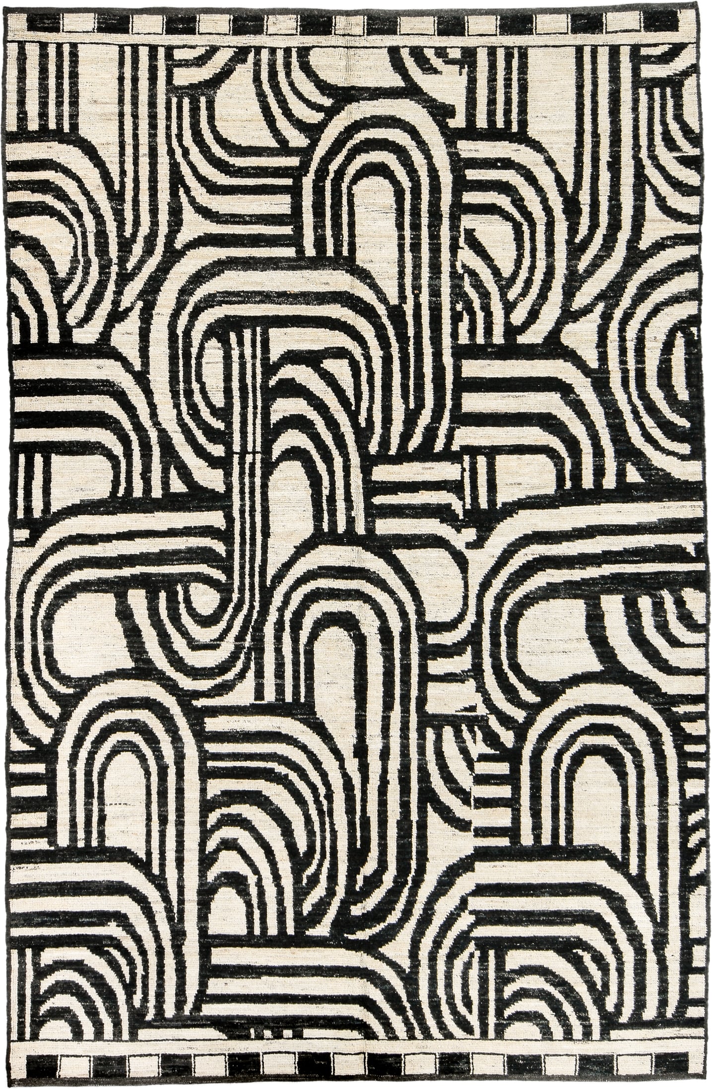 6' x 9' one-of-a-kind handmade vintage Tulu medium size rug. Color palette: ivory, charcoal, gray, black