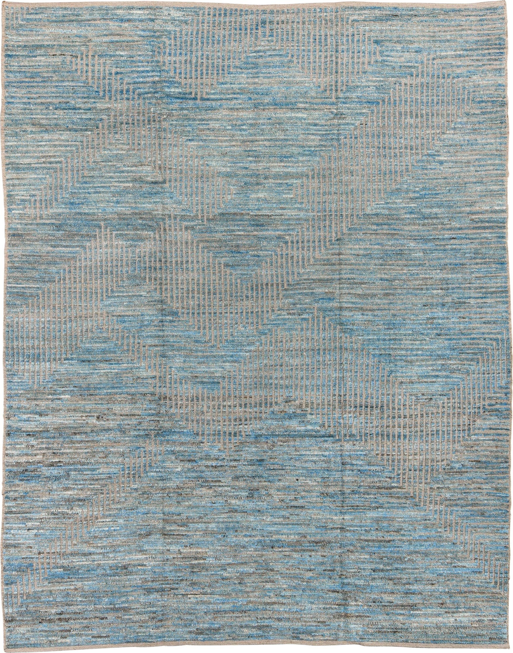 9' x 12' one-of-a-kind handmade vintage Tulu large size rug. Color palette: sky blue, ivory, taupe, beige, gray, light blue