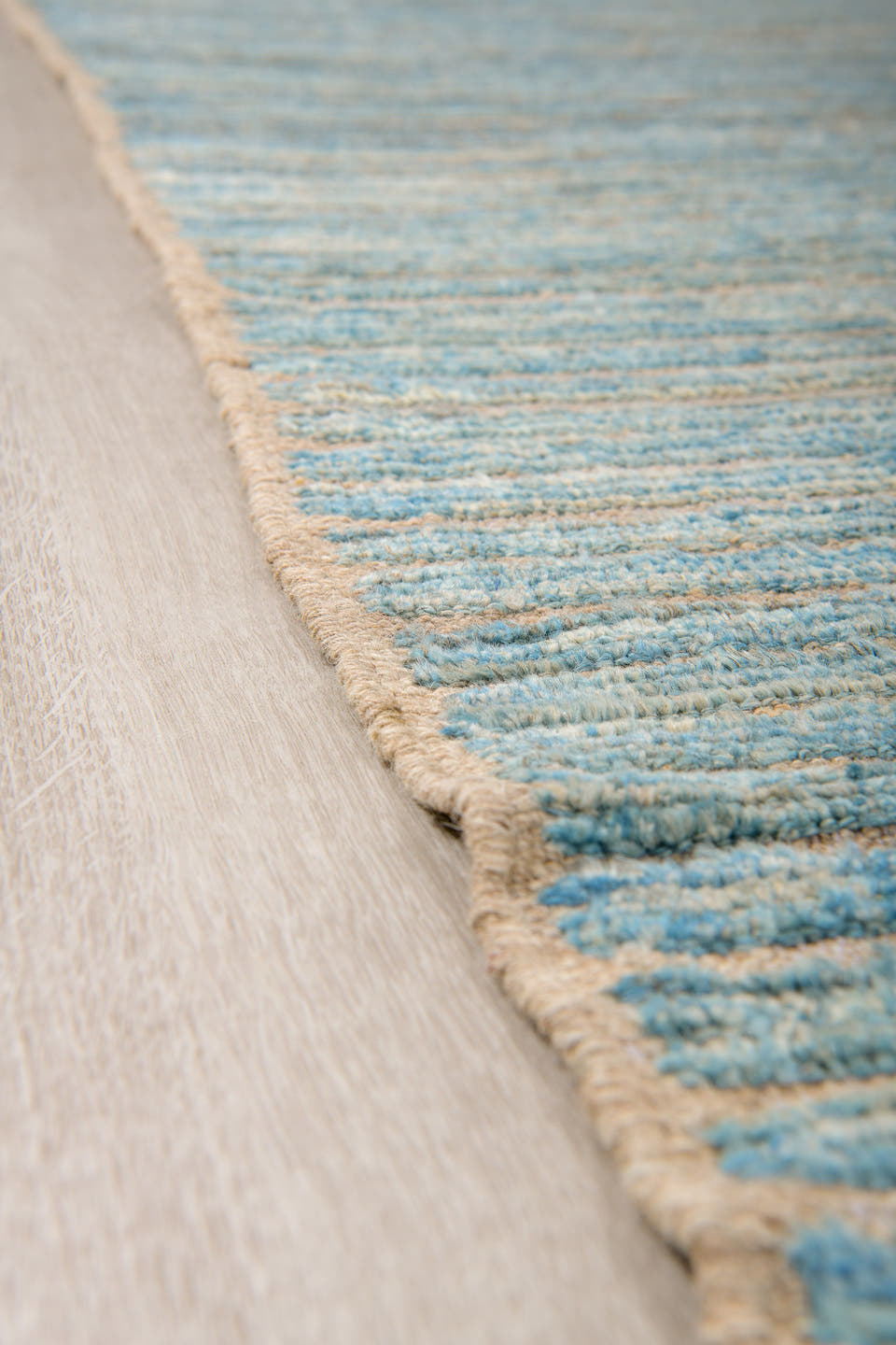 9' x 12' one-of-a-kind handmade vintage Tulu large size rug. Color palette: sky blue, ivory, taupe, beige, gray, light blue