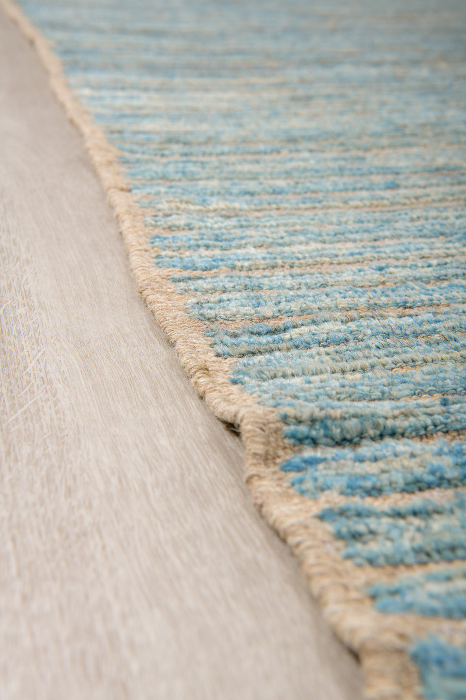 9' x 12' one-of-a-kind handmade vintage Tulu large size rug. Color palette: sky blue, ivory, taupe, beige, gray, light blue