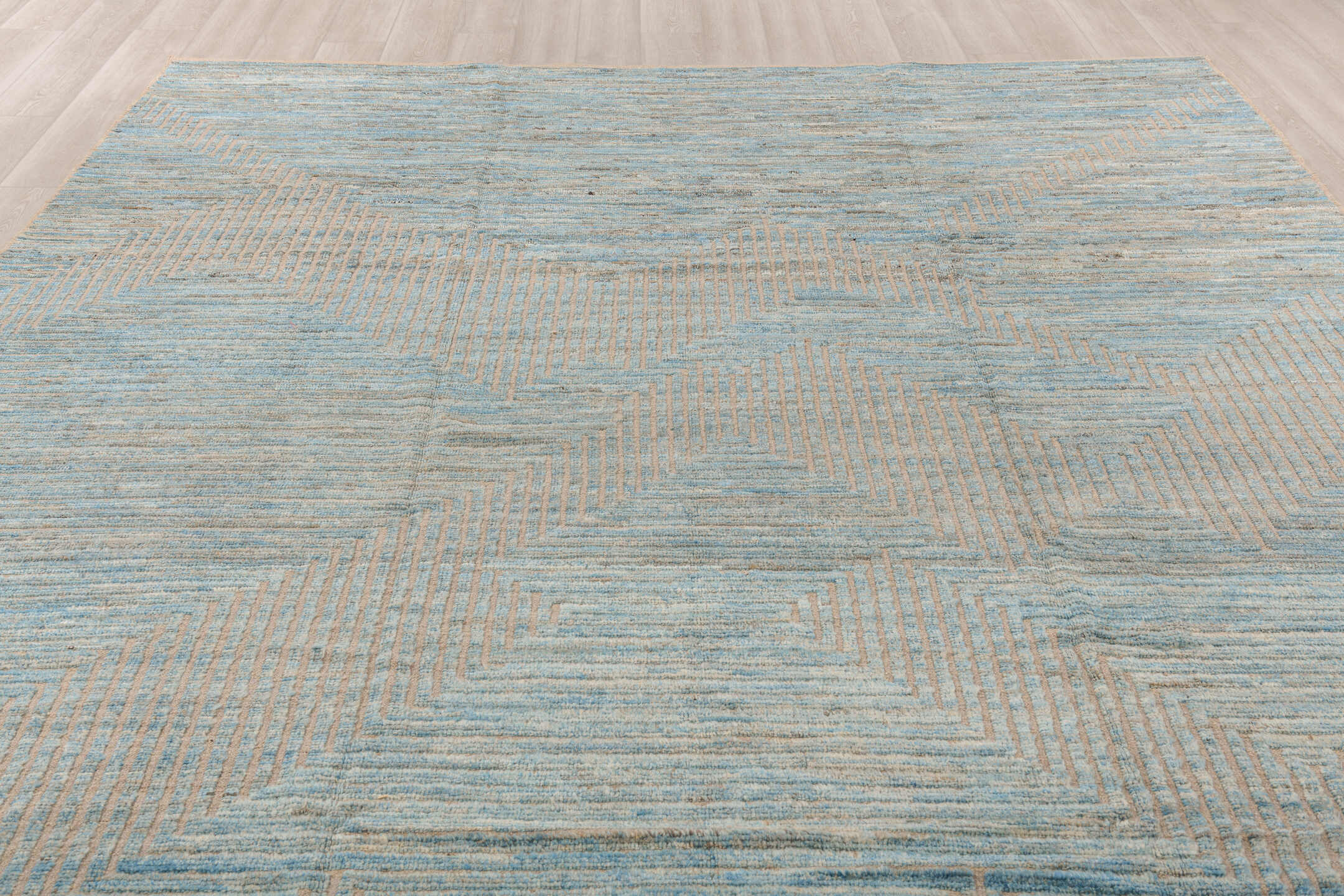 9' x 12' one-of-a-kind handmade vintage Tulu large size rug. Color palette: sky blue, ivory, taupe, beige, gray, light blue