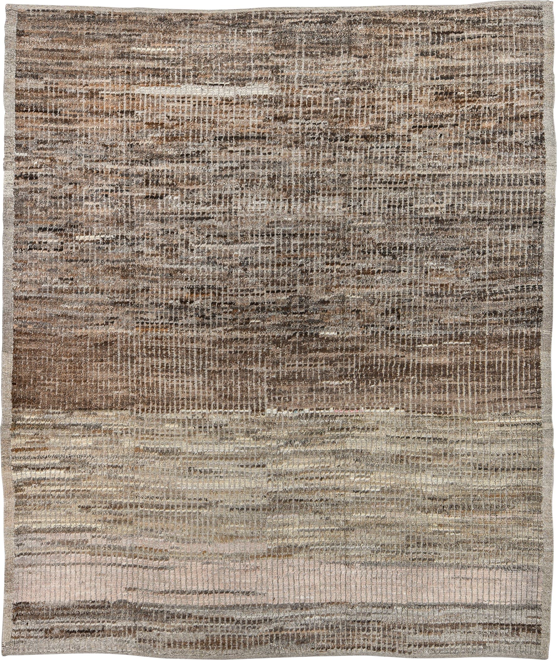 8' x 9' one-of-a-kind handmade vintage Tulu rug. Color palette: taupe, brown, ivory, gray, camel, charcoal, beige, black