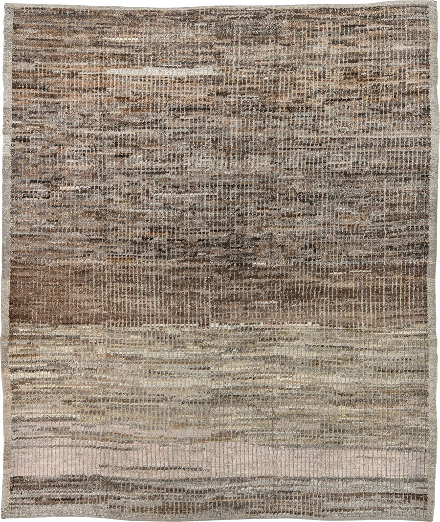 8' x 9' one-of-a-kind handmade vintage Tulu rug. Color palette: taupe, brown, ivory, gray, camel, charcoal, beige, black
