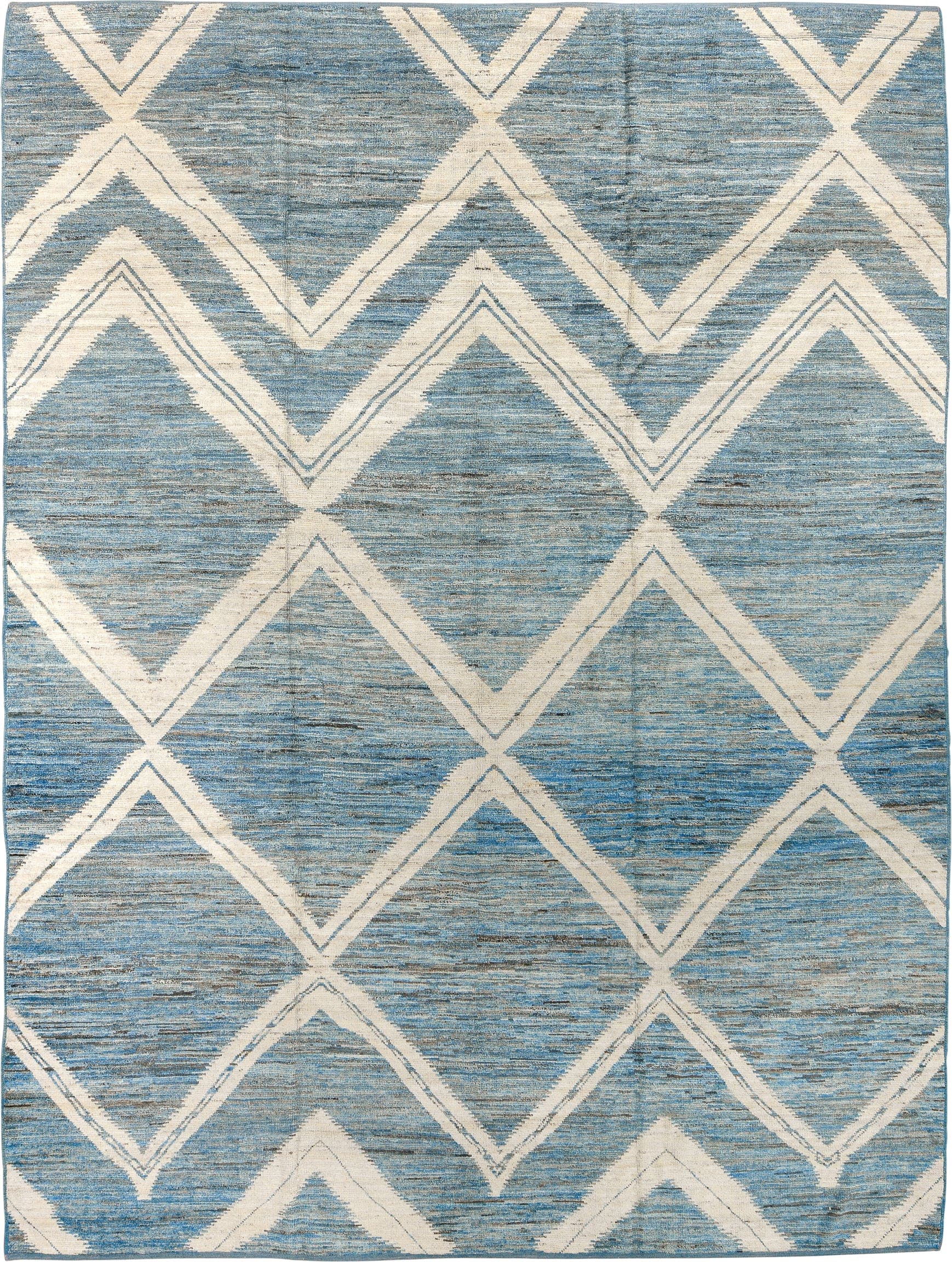 9' x 12' one-of-a-kind handmade vintage Tulu large size rug. Color palette: sky blue, ivory, slate, cream, light blue, gray