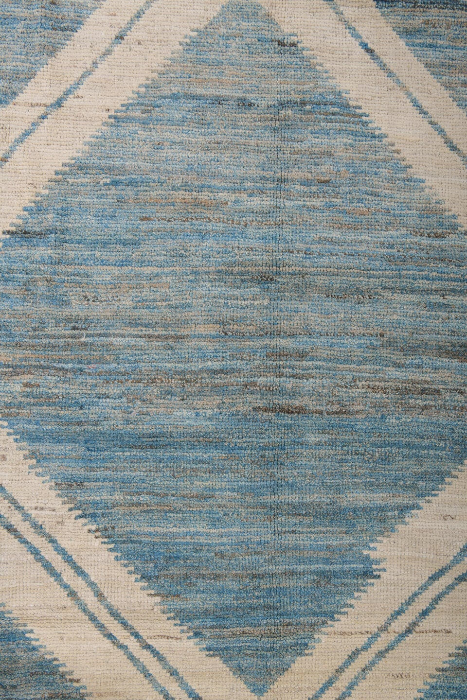 9' x 12' one-of-a-kind handmade vintage Tulu large size rug. Color palette: sky blue, ivory, slate, cream, light blue, gray