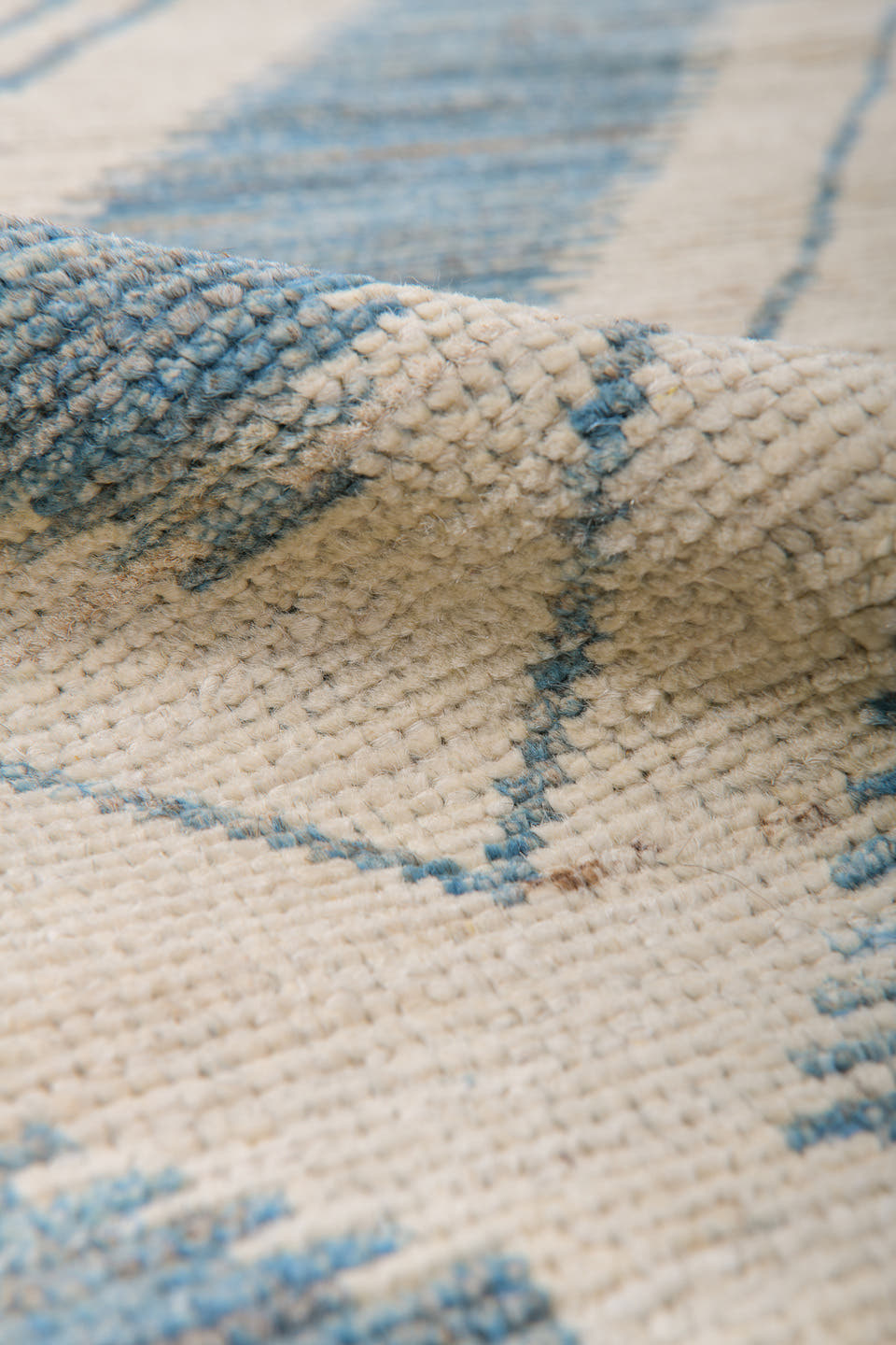 9' x 12' one-of-a-kind handmade vintage Tulu large size rug. Color palette: sky blue, ivory, slate, cream, light blue, gray