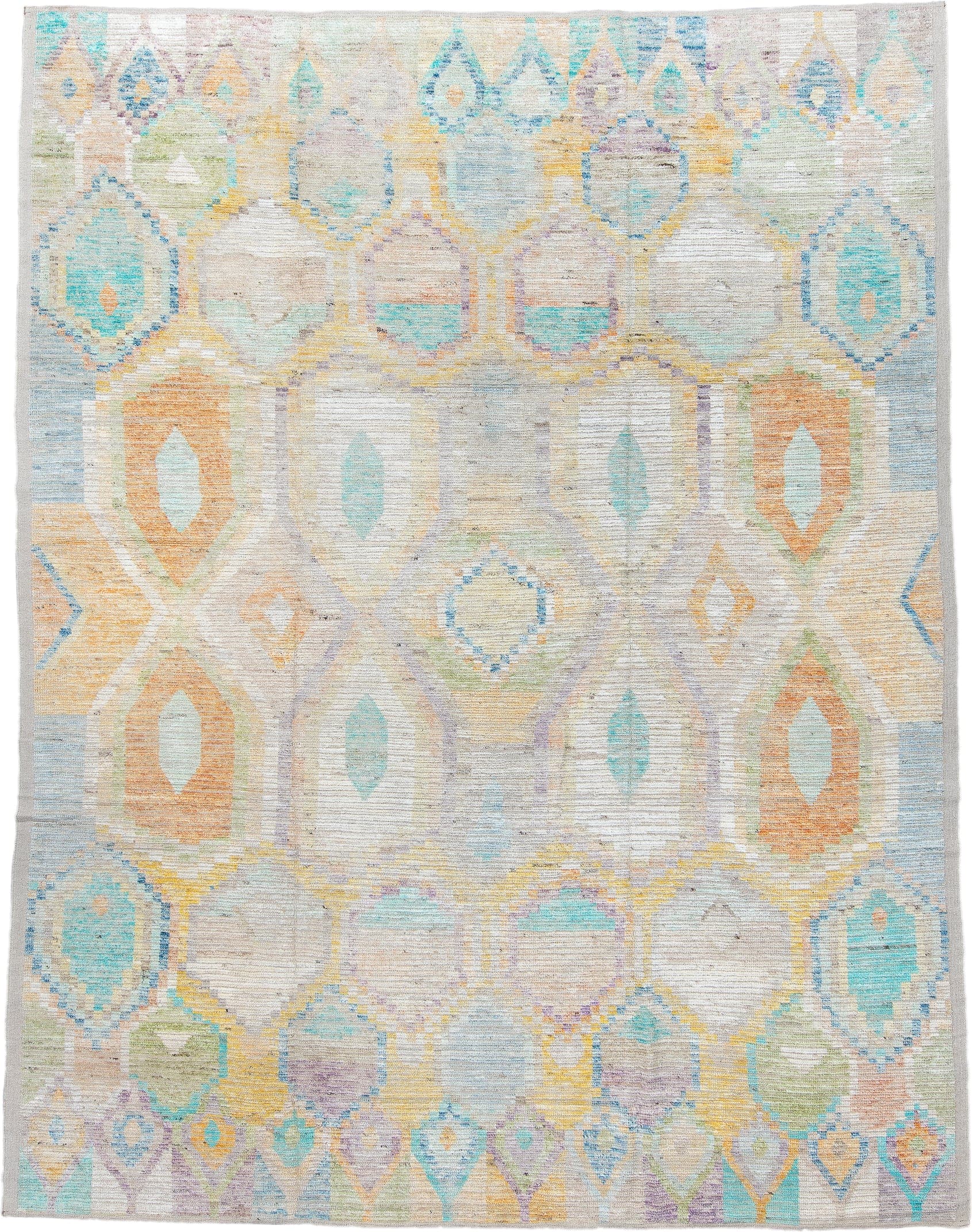 9' x 12' one-of-a-kind handmade vintage Tulu large size rug. Color palette: ivory, aqua, sky blue, peach, pale yellow