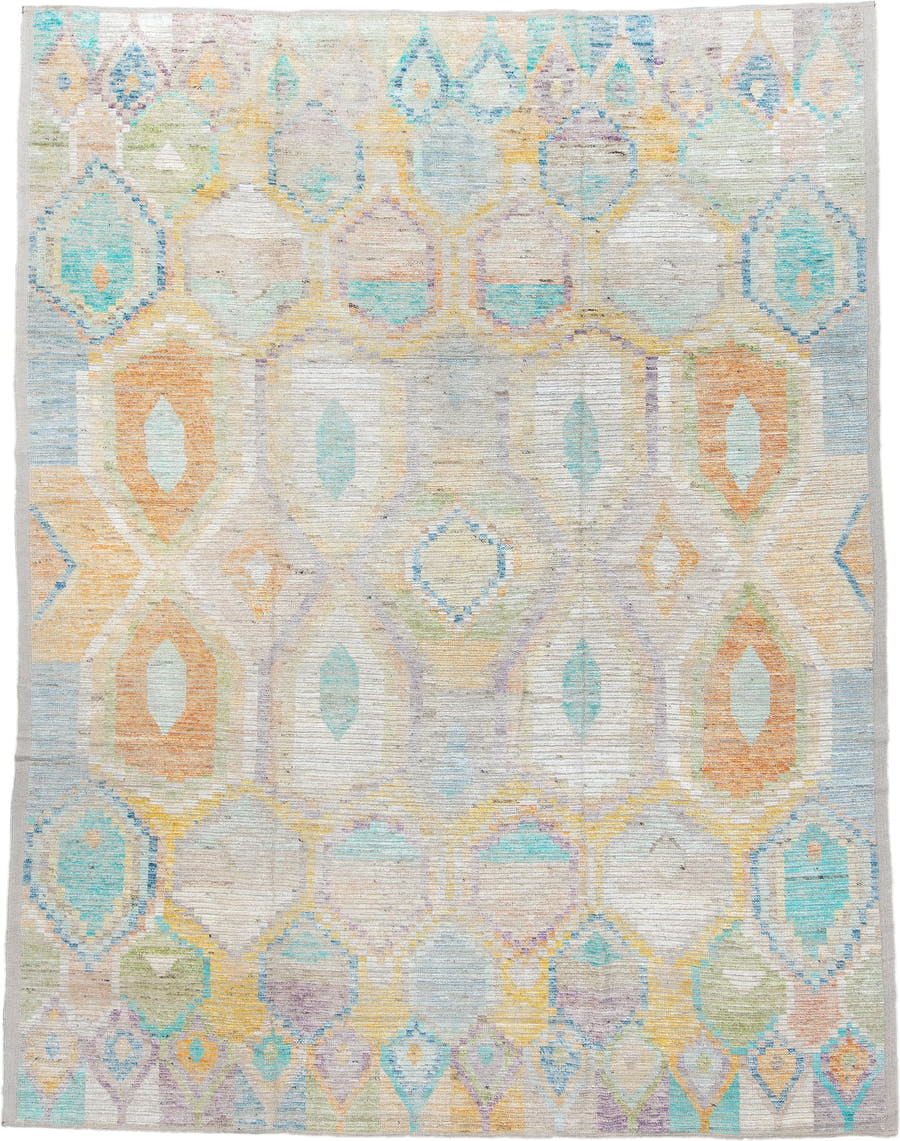 9' x 12' one-of-a-kind handmade vintage Tulu large size rug. Color palette: ivory, aqua, sky blue, peach, pale yellow
