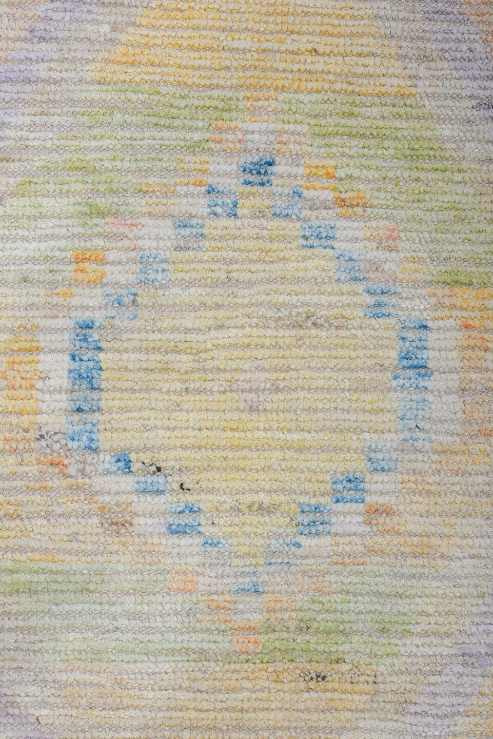 9' x 12' one-of-a-kind handmade vintage Tulu large size rug. Color palette: ivory, aqua, sky blue, peach, pale yellow