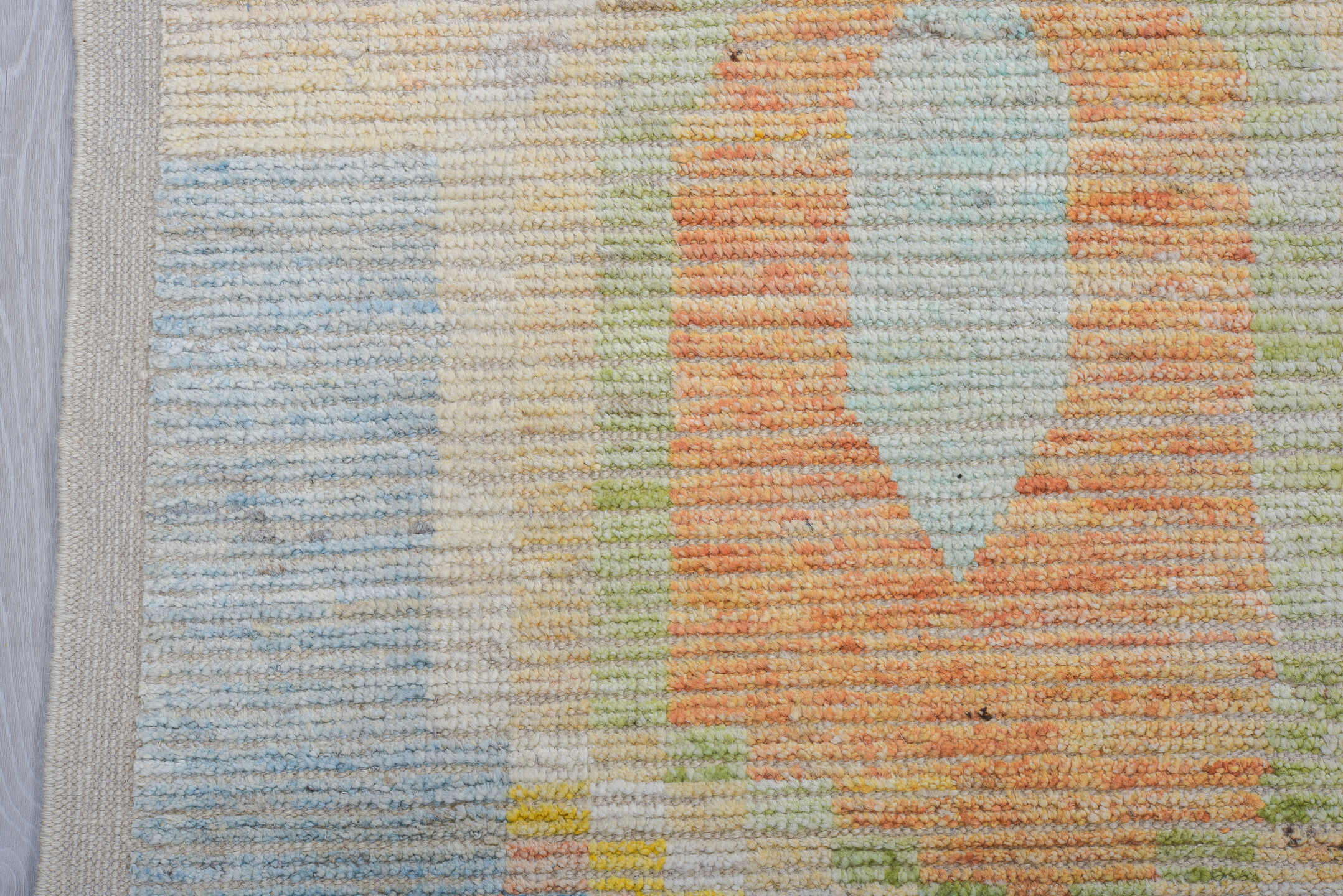 9' x 12' one-of-a-kind handmade vintage Tulu large size rug. Color palette: ivory, aqua, sky blue, peach, pale yellow