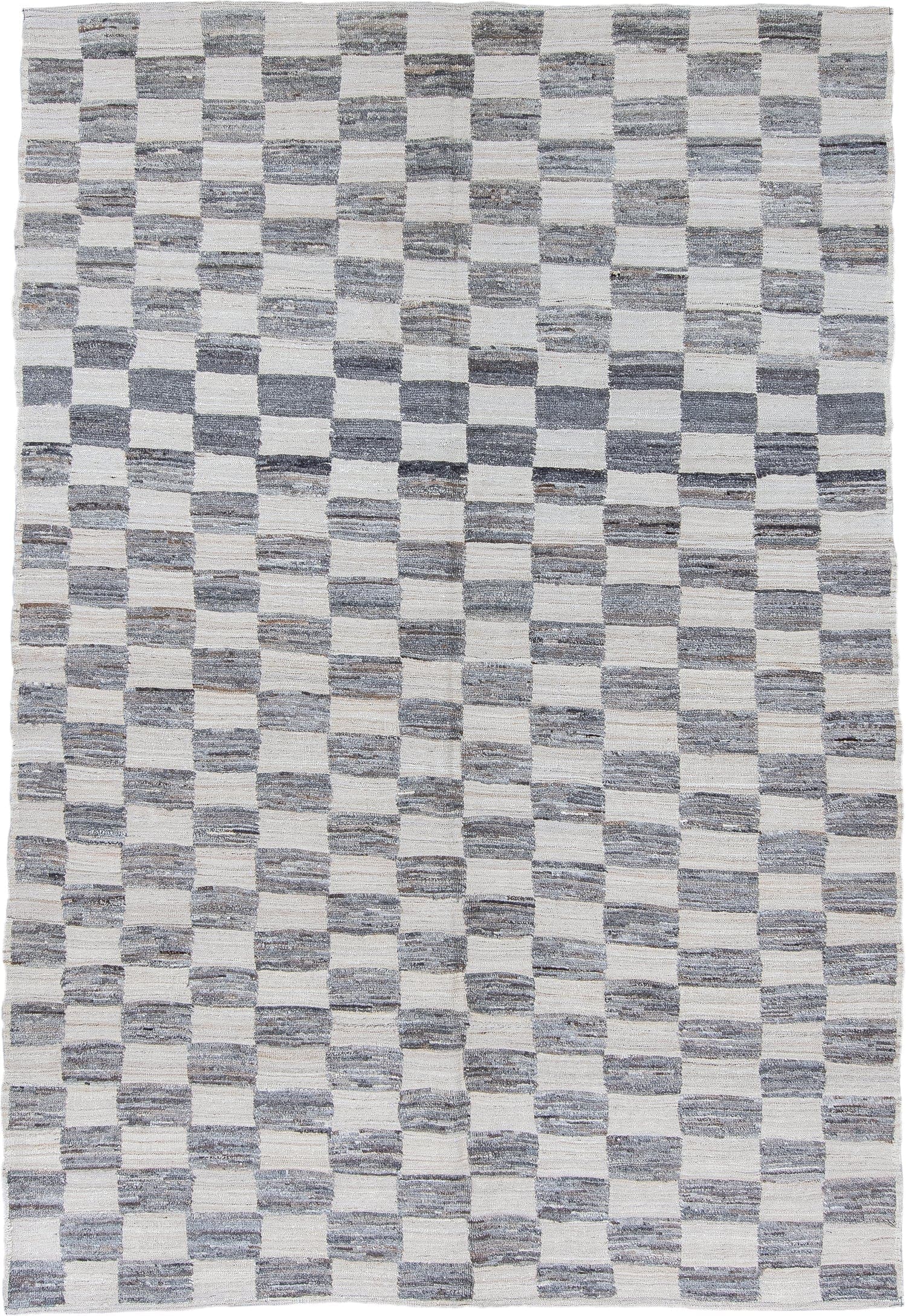 6' x 9' one-of-a-kind handmade vintage Tulu medium size rug. Color palette: ivory, slate, gray, charcoal, taupe, black