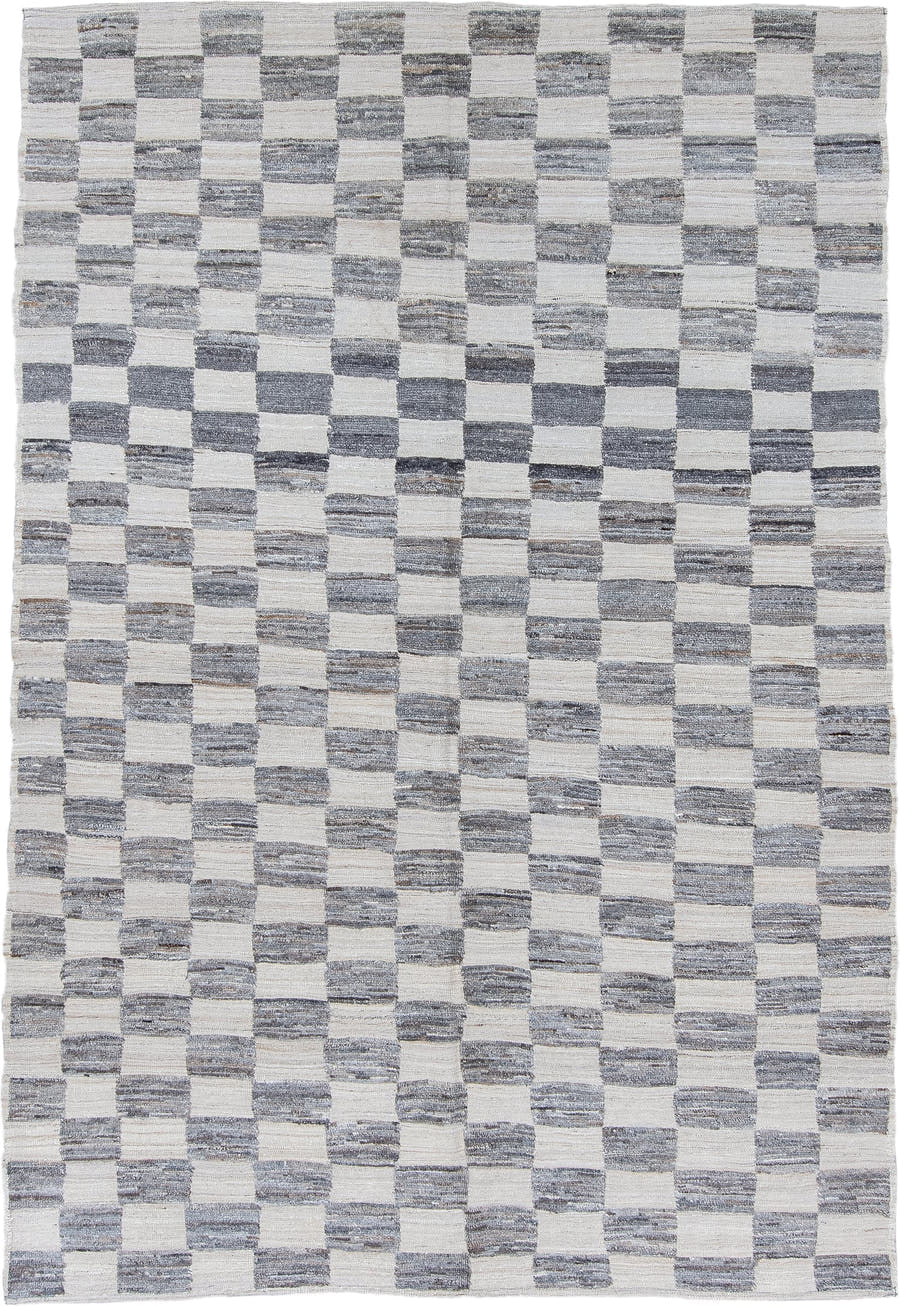 6' x 9' one-of-a-kind handmade vintage Tulu medium size rug. Color palette: ivory, slate, gray, charcoal, taupe, black
