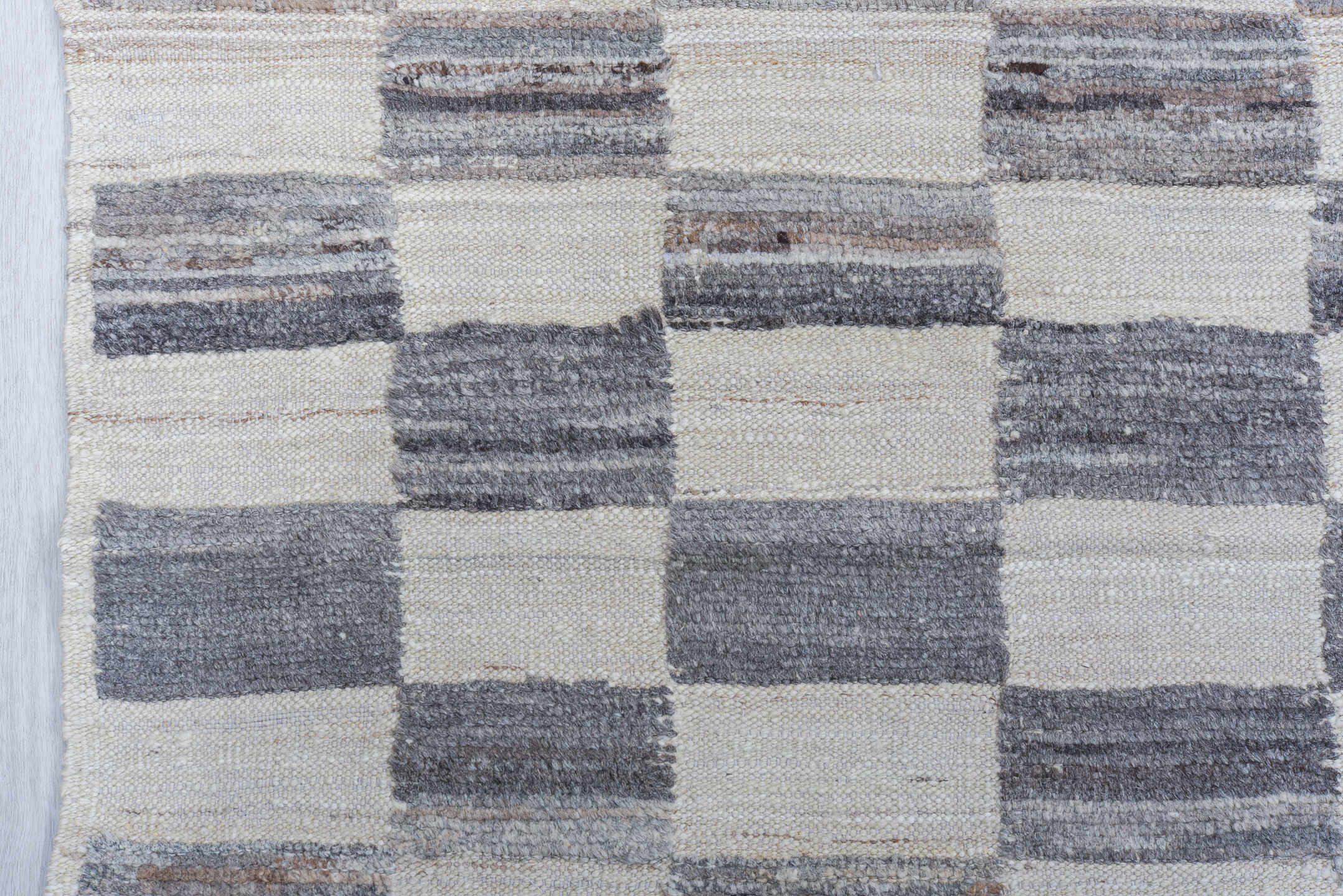6' x 9' one-of-a-kind handmade vintage Tulu medium size rug. Color palette: ivory, slate, gray, charcoal, taupe, black