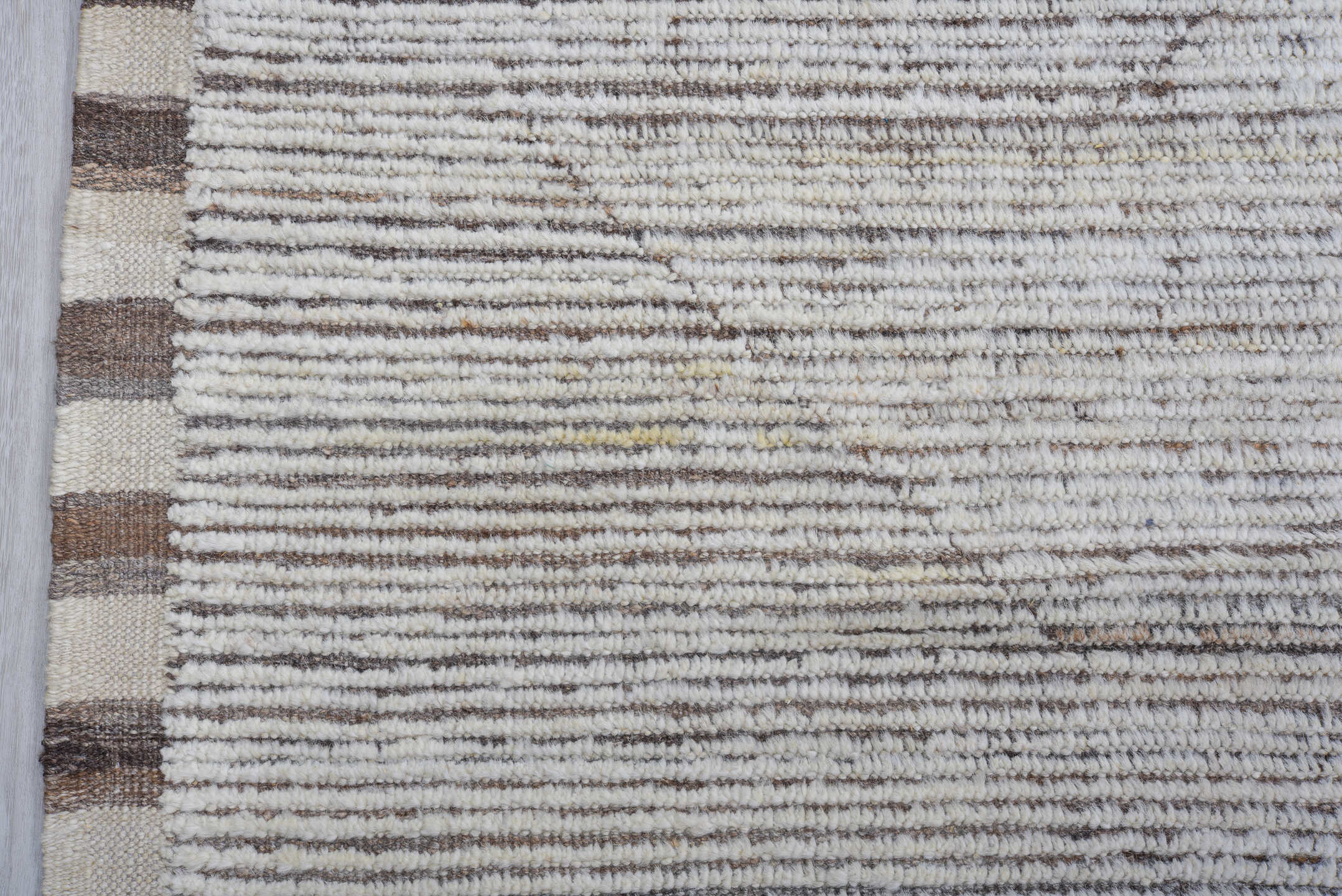 10' x 14' one-of-a-kind handmade vintage Tulu large size rug. Color palette: ivory, taupe, brown, gray, beige