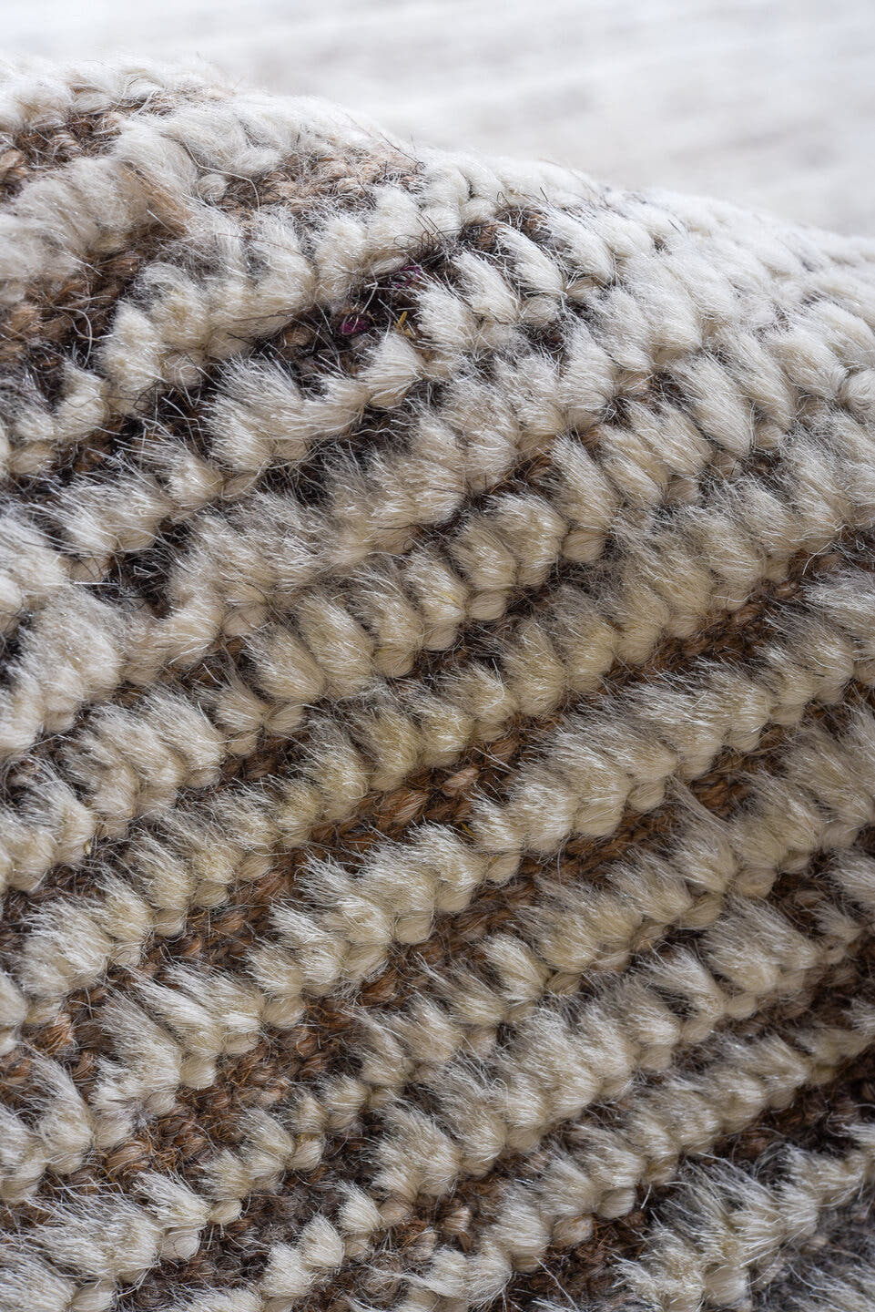 10' x 14' one-of-a-kind handmade vintage Tulu large size rug. Color palette: ivory, taupe, brown, gray, beige