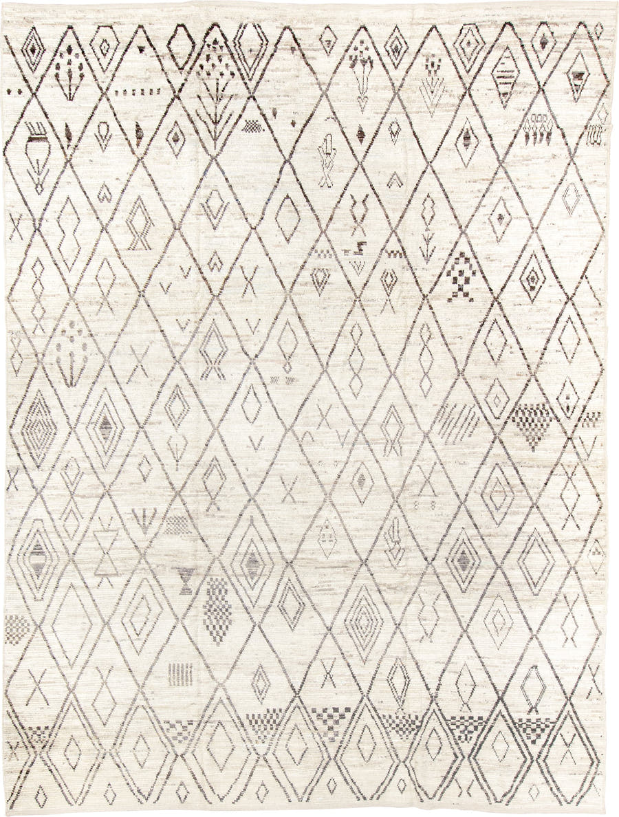 10' x 13' one-of-a-kind handmade vintage Tulu large size rug. Color palette: ivory, taupe, charcoal, cream, beige, gray
