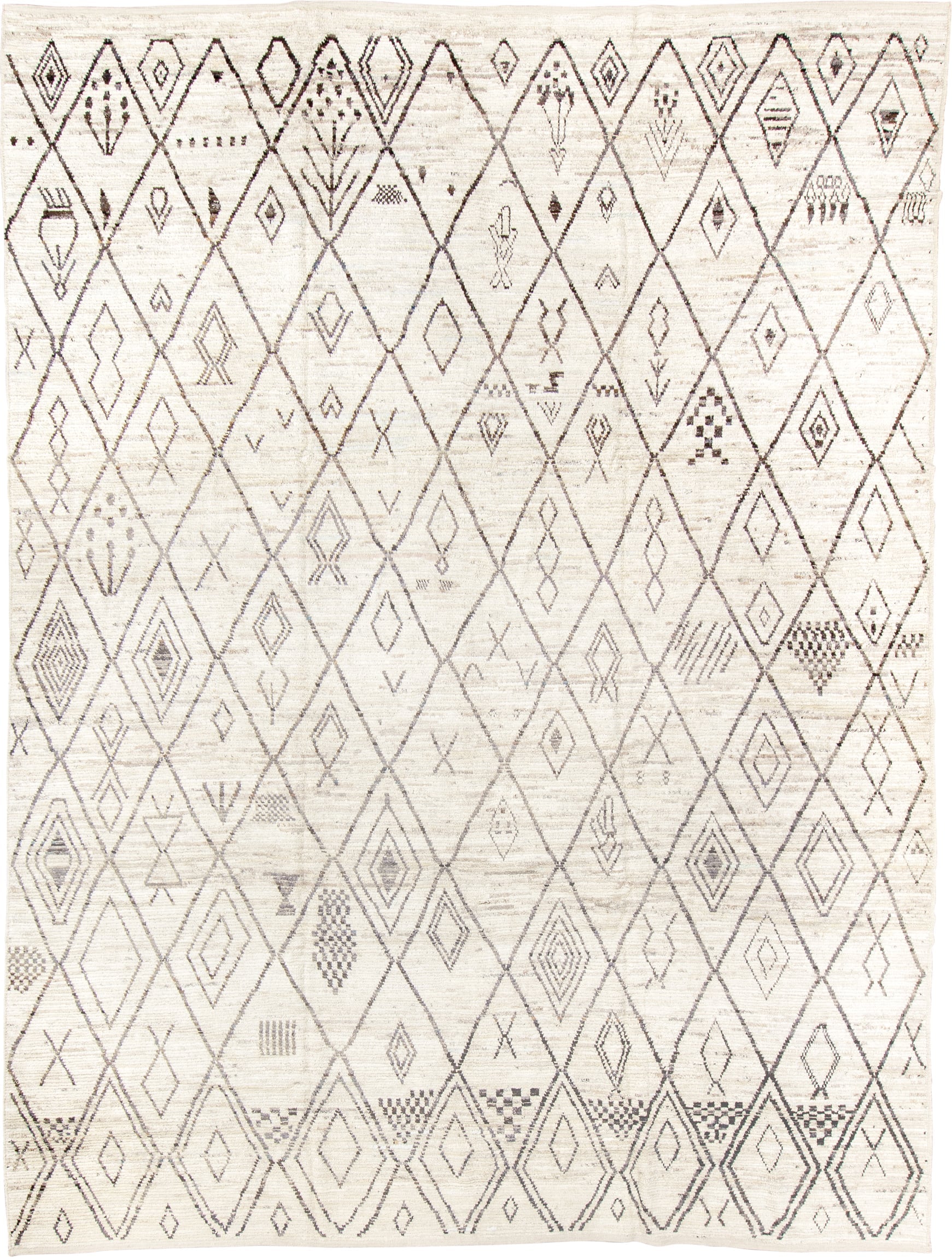 10' x 13' one-of-a-kind handmade vintage Tulu large size rug. Color palette: ivory, taupe, charcoal, cream, beige, gray