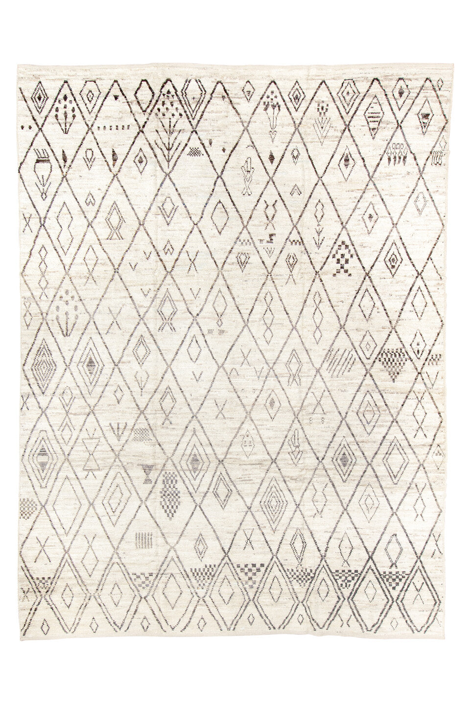 10' x 13' one-of-a-kind handmade vintage Tulu large size rug. Color palette: dark gray, dim gray, gray, light gray, linen