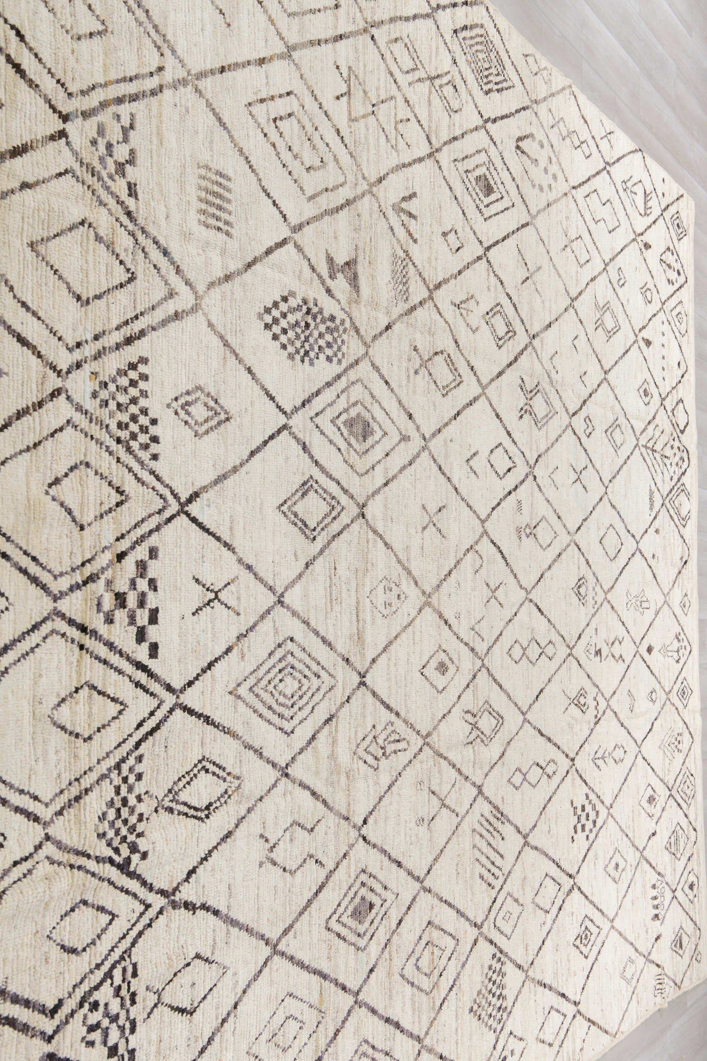 10' x 13' one-of-a-kind handmade vintage Tulu large size rug. Color palette: ivory, taupe, charcoal, cream, beige, gray