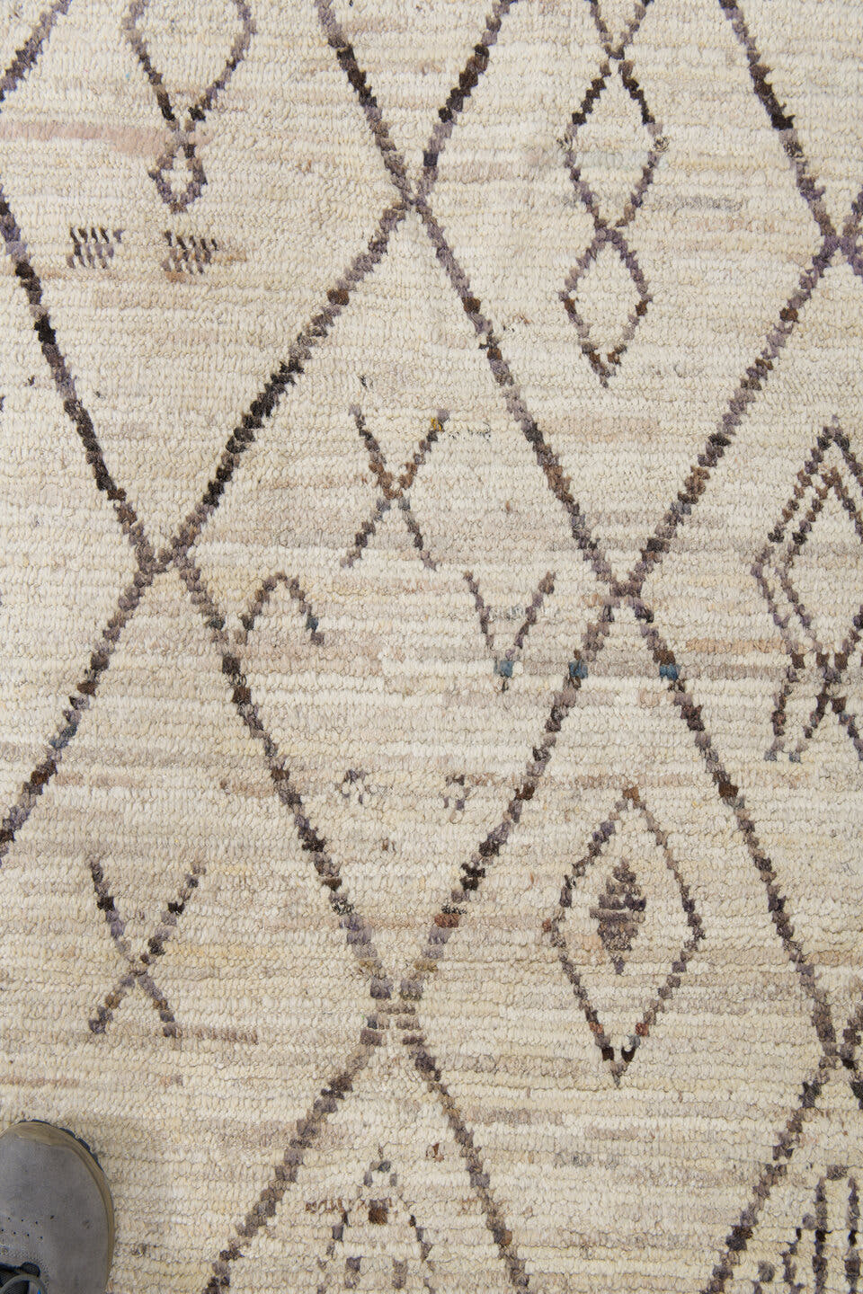 10' x 13' one-of-a-kind handmade vintage Tulu large size rug. Color palette: ivory, taupe, charcoal, cream, beige, gray