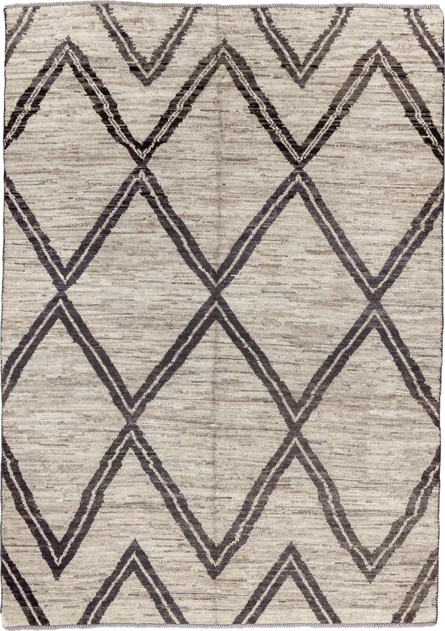 6' x 9' one-of-a-kind handmade vintage Tulu medium size rug. Color palette: ivory, charcoal, taupe, gray, black, beige