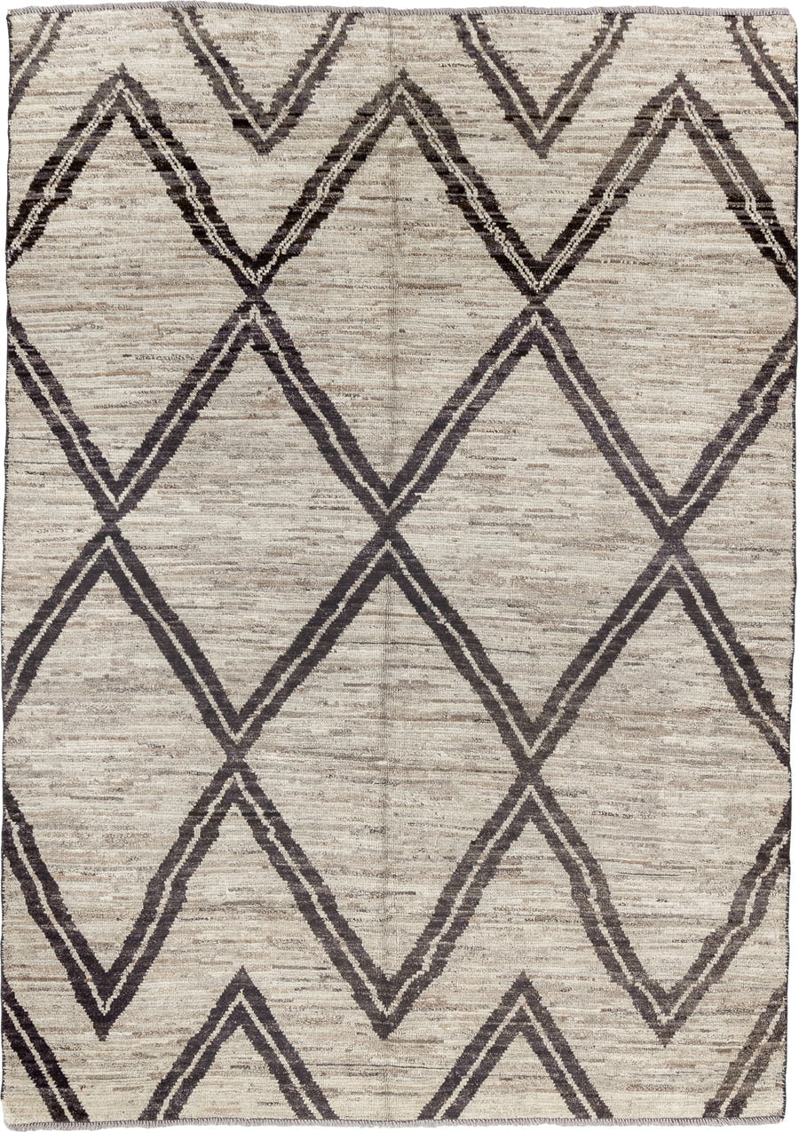 6' x 9' one-of-a-kind handmade vintage Tulu medium size rug. Color palette: ivory, charcoal, taupe, gray, black, beige