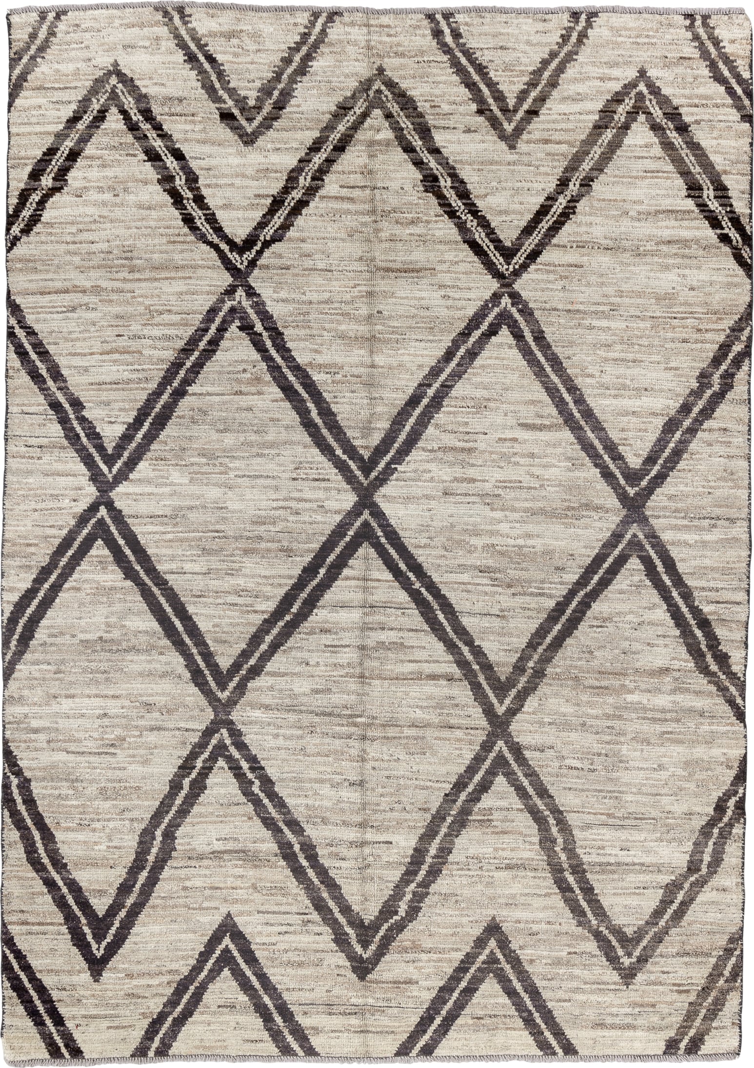 6' x 9' one-of-a-kind handmade vintage Tulu medium size rug. Color palette: ivory, charcoal, taupe, gray, black, beige