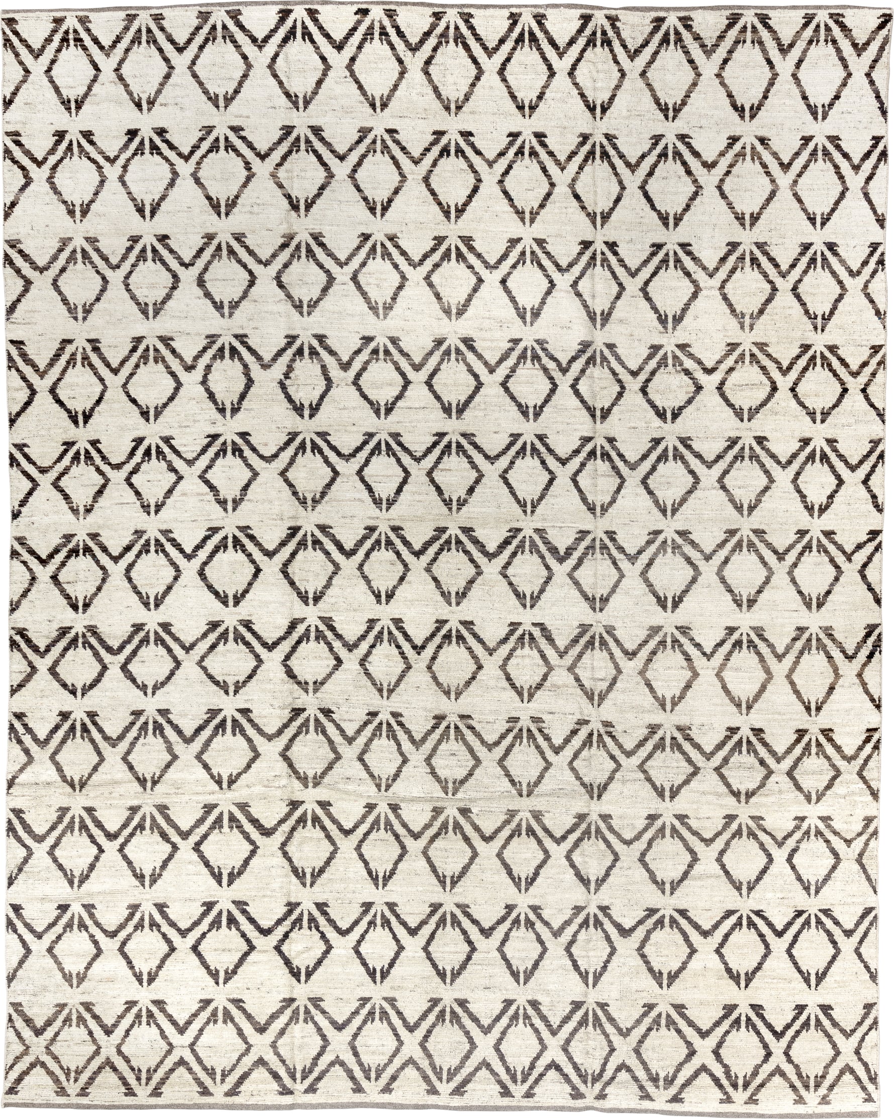 9' x 11' one-of-a-kind handmade vintage Tulu large size rug. Color palette: ivory, charcoal, taupe, cream, gray, black