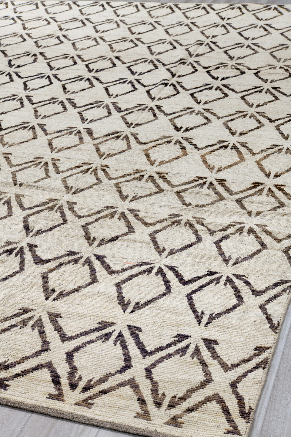 9' x 11' one-of-a-kind handmade vintage Tulu large size rug. Color palette: ivory, charcoal, taupe, cream, gray, black