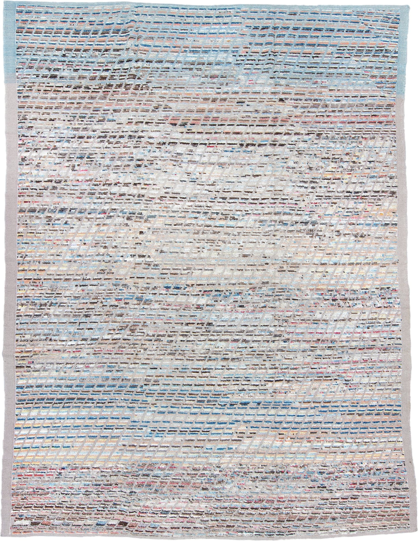 9' x 11' one-of-a-kind handmade vintage Tulu large size rug. Color palette: ivory, sky blue, taupe, charcoal, rose, coral