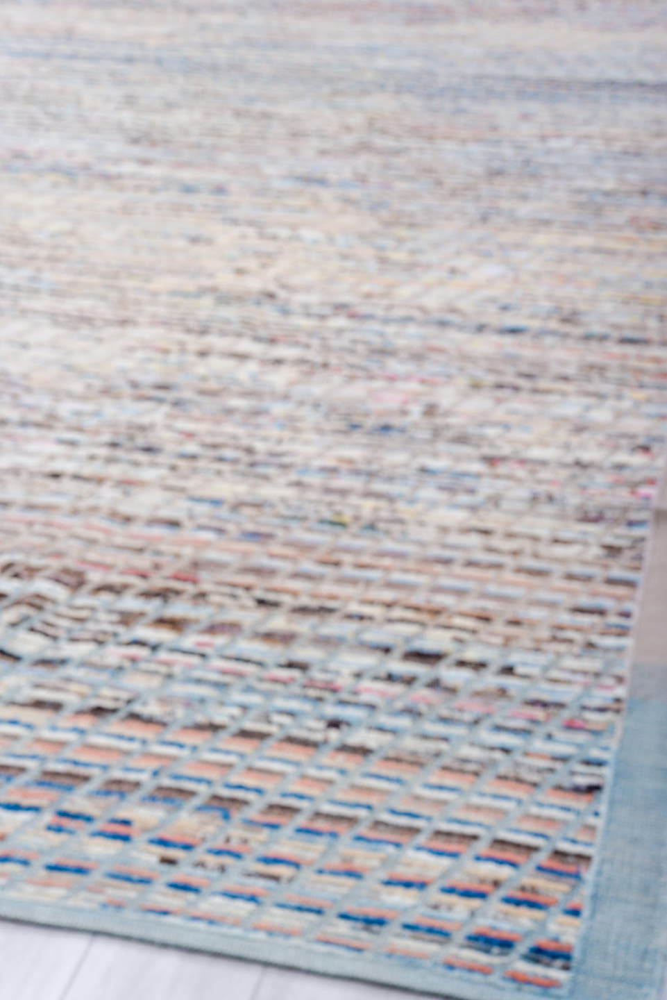 9' x 11' one-of-a-kind handmade vintage Tulu large size rug. Color palette: ivory, sky blue, taupe, charcoal, rose, coral