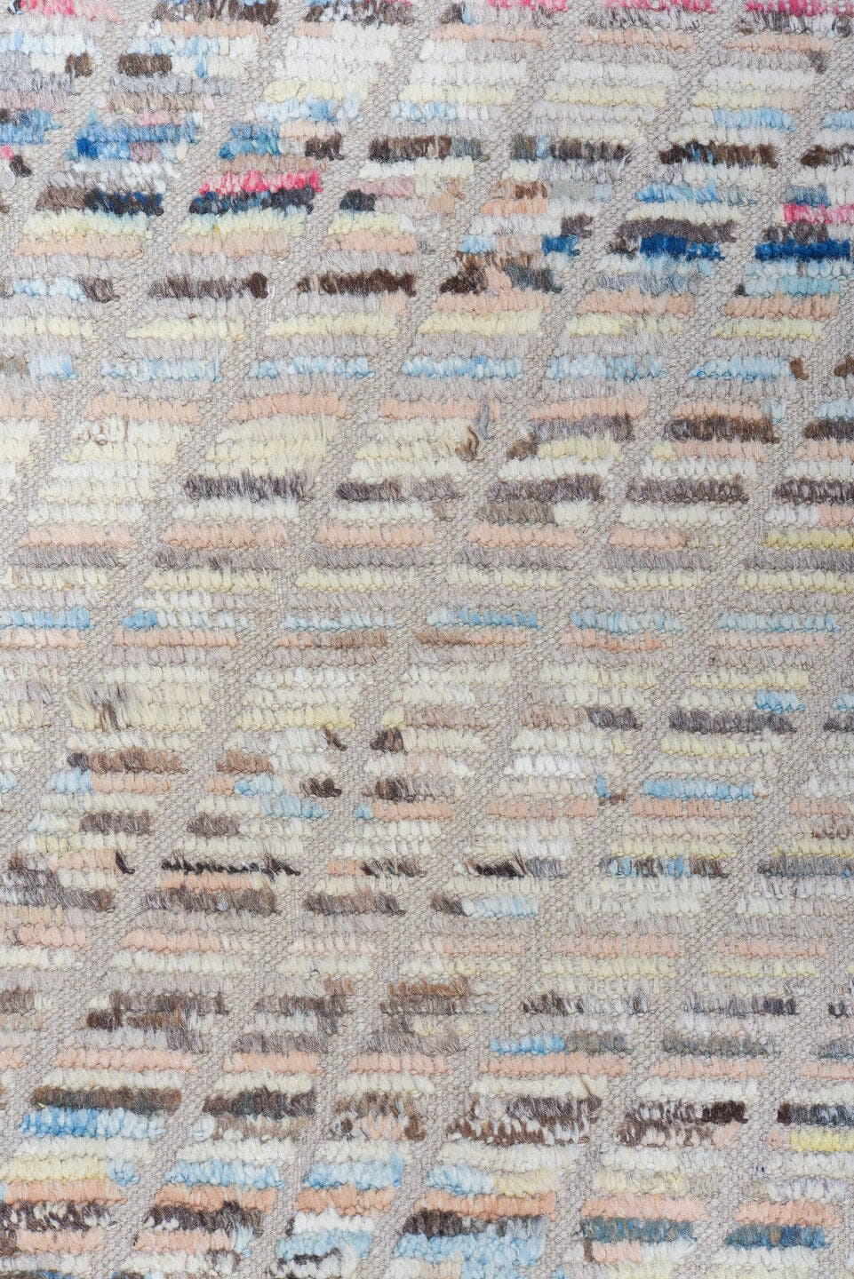9' x 11' one-of-a-kind handmade vintage Tulu large size rug. Color palette: ivory, sky blue, taupe, charcoal, rose, coral