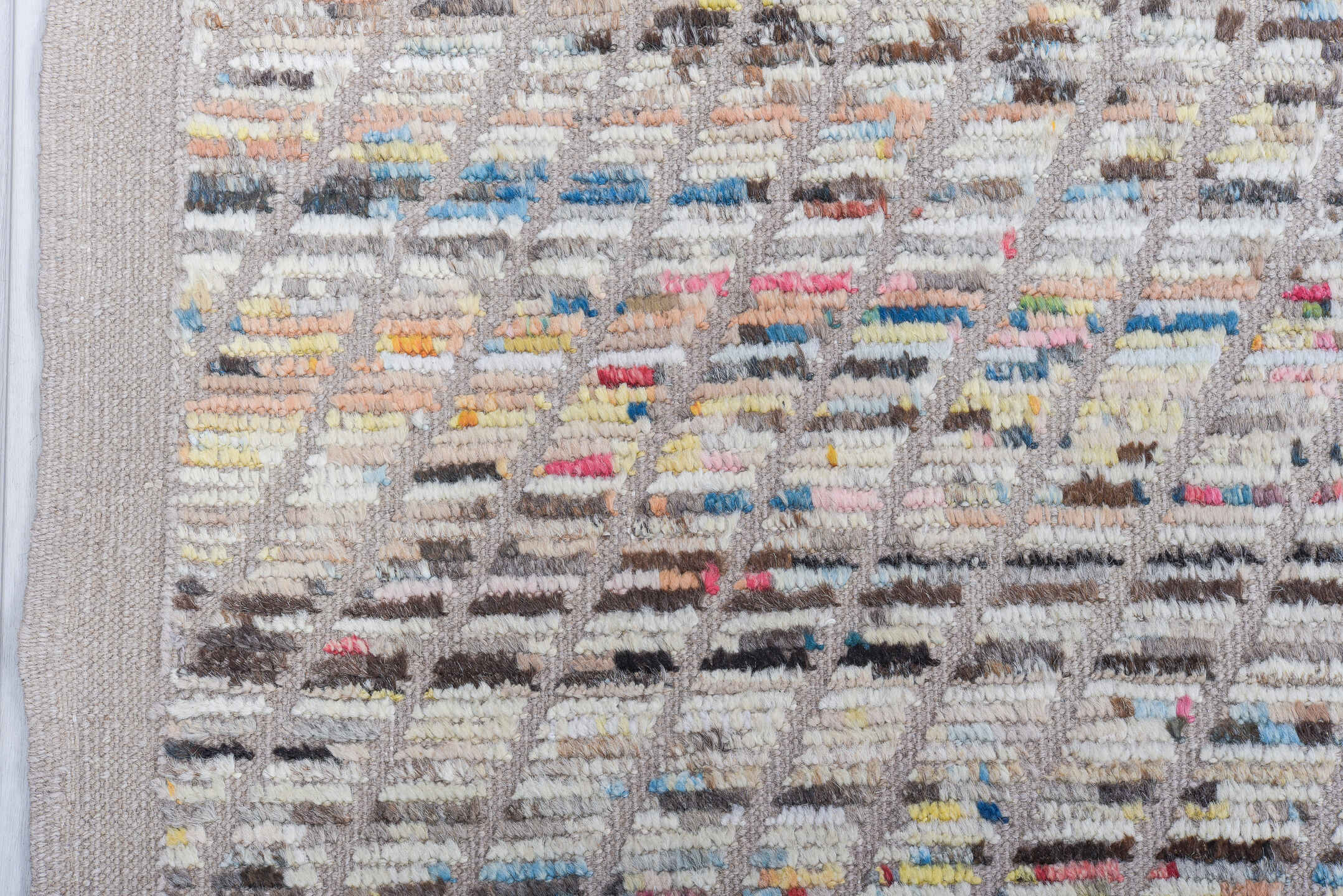 9' x 11' one-of-a-kind handmade vintage Tulu large size rug. Color palette: ivory, sky blue, taupe, charcoal, rose, coral