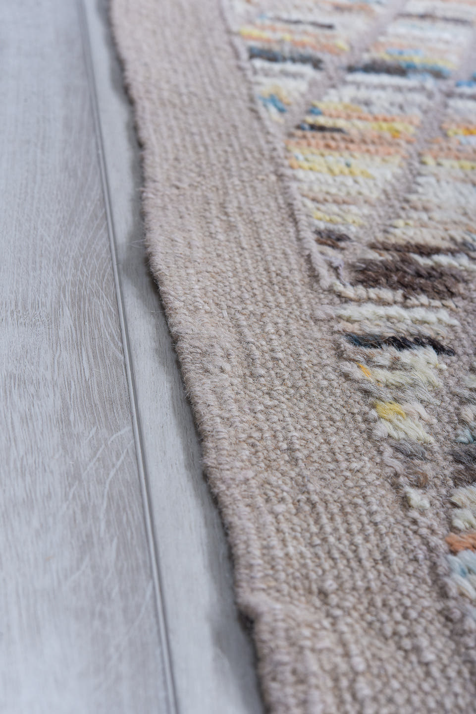 9' x 11' one-of-a-kind handmade vintage Tulu large size rug. Color palette: ivory, sky blue, taupe, charcoal, rose, coral