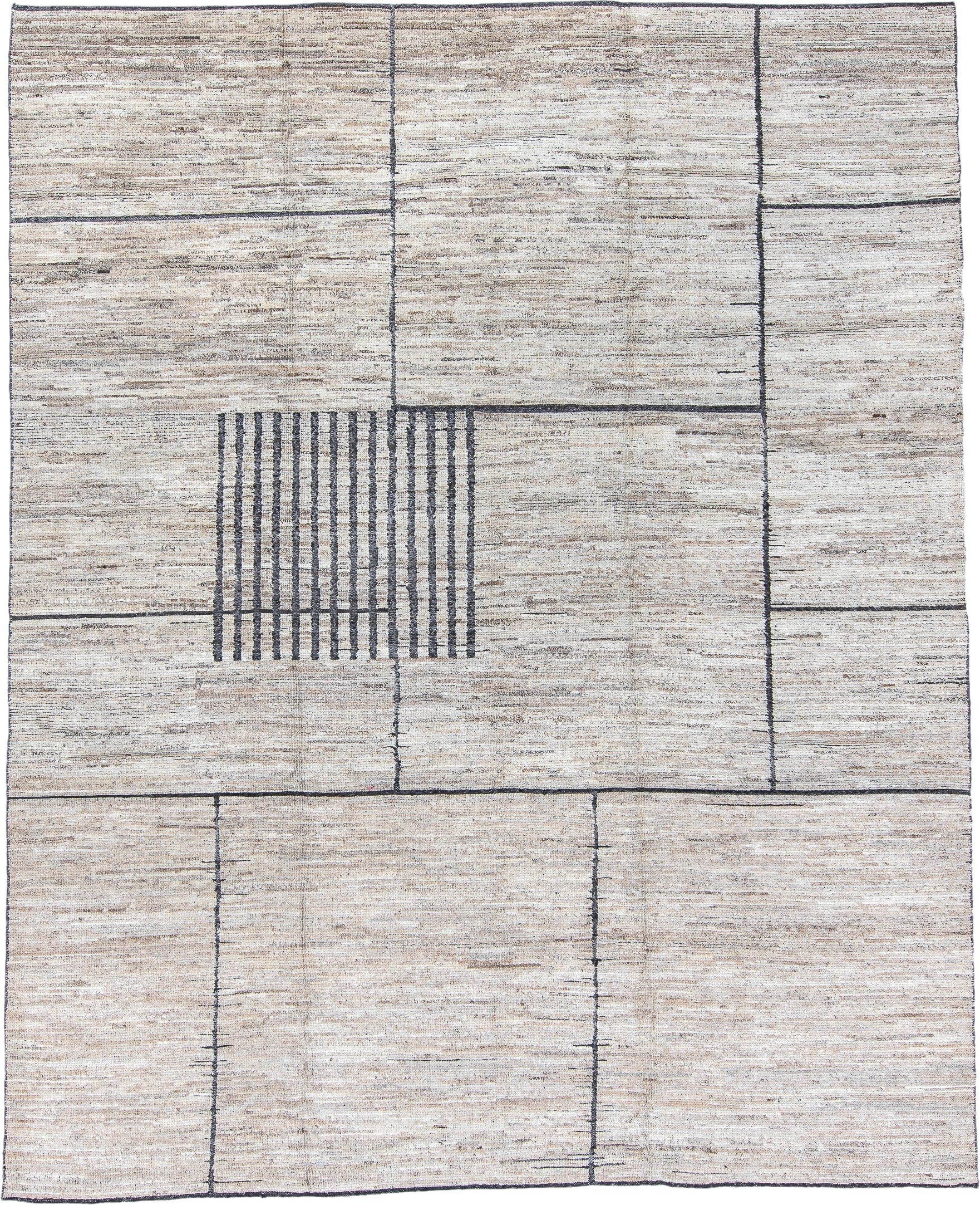 9' x 11' one-of-a-kind handmade vintage Tulu large size rug. Color palette: ivory, taupe, charcoal, cream, beige, gray