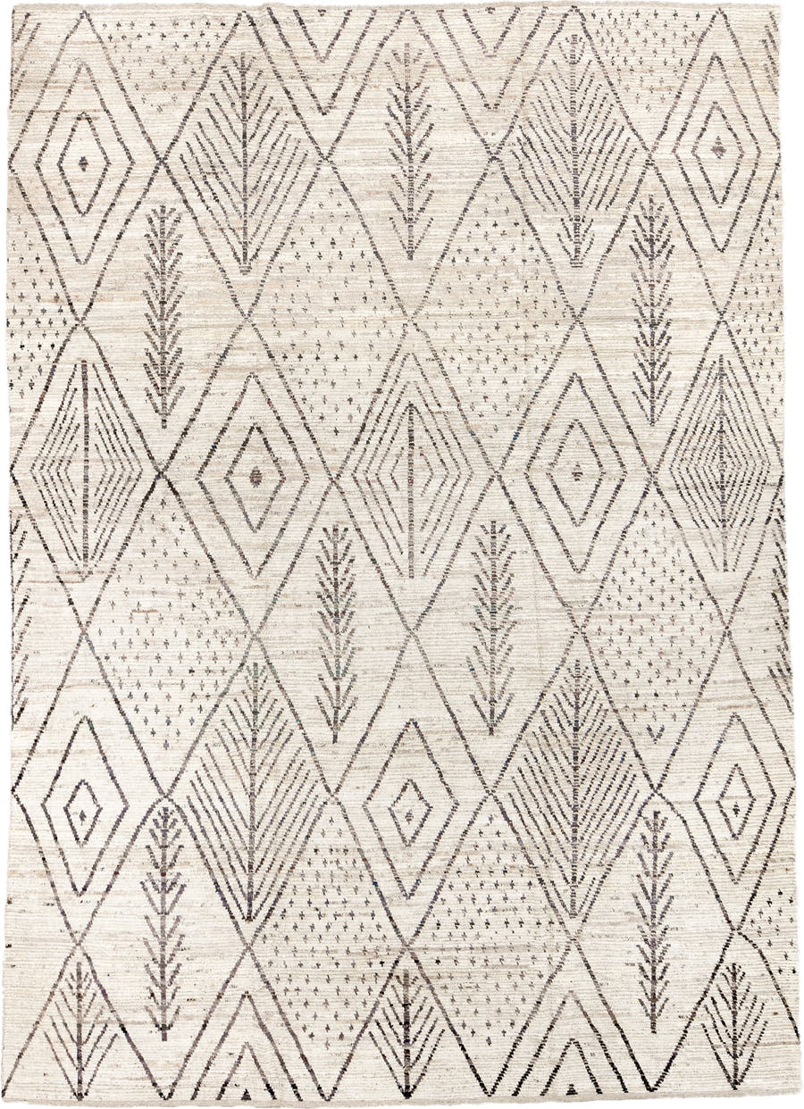 9' x 14' one-of-a-kind handmade vintage Tulu large size rug. Color palette: ivory, charcoal, taupe, cream, gray, black